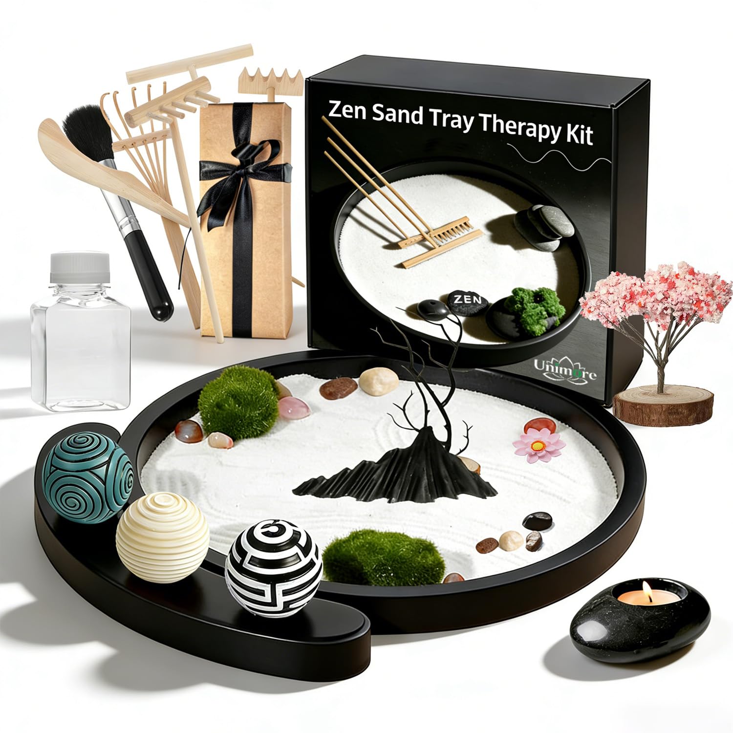 Zen Garden Kit for Desk, Japanese Decor with Rock Feature Stamp Spheres, Round Decorative Trays, Sensory Relaxation Sand Tray Therapy Ball Tool, Meditation Sandbox Gift Set for Home & Office