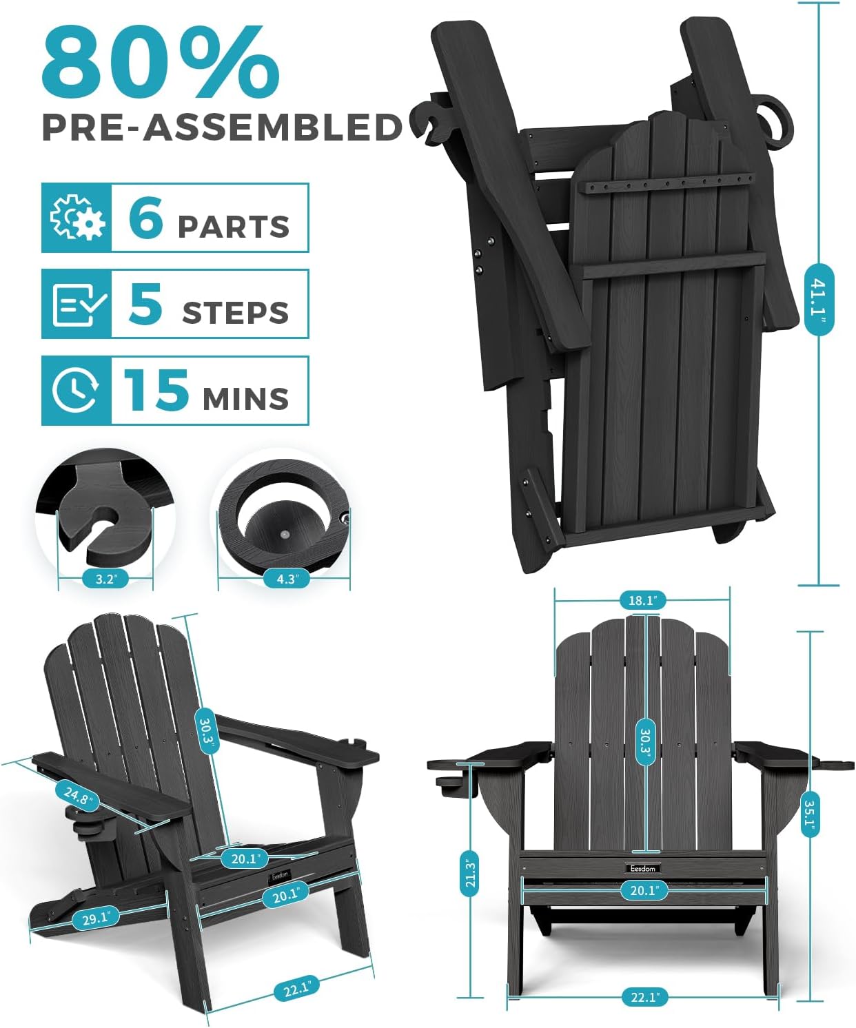 Folding Adirondack Chair, HDPE Adirondack Chair with 2 Cup Holders, Easy Assembly Outdoor Fire Pit Chairs for Patio, Garden, Poolside, Black - Image 3