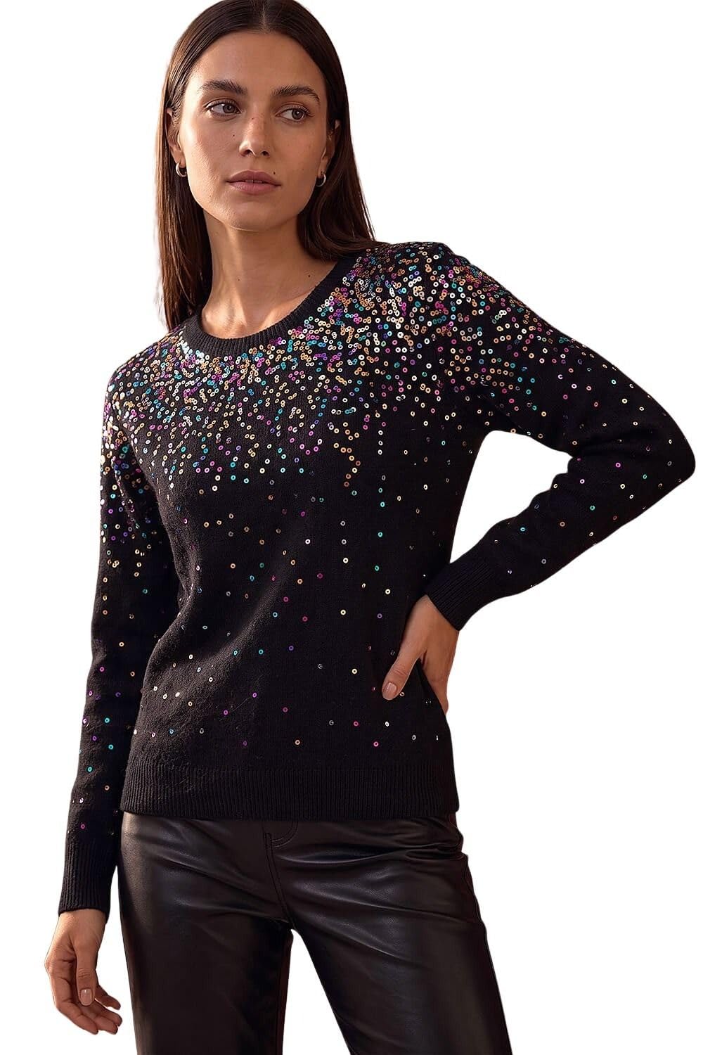 Roman Originals Women Sparkly Embellished Jumper Ladies Diamante Sequin Hotfix Winter Sweater NYE New Year's Eve Christmas Party Going Out Shiny Smart Work Pullover