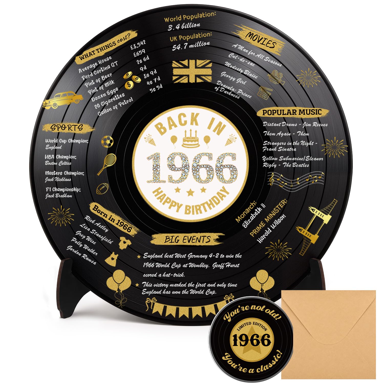 WenmthG 60th Birthday Gifts for Women Men - Large Vinyl Record 60th Birthday Decoration with Wooden Stand Greeting Card Envelope - Back in 1966 Party Supplies Sign Poster - Guest Book Alternative