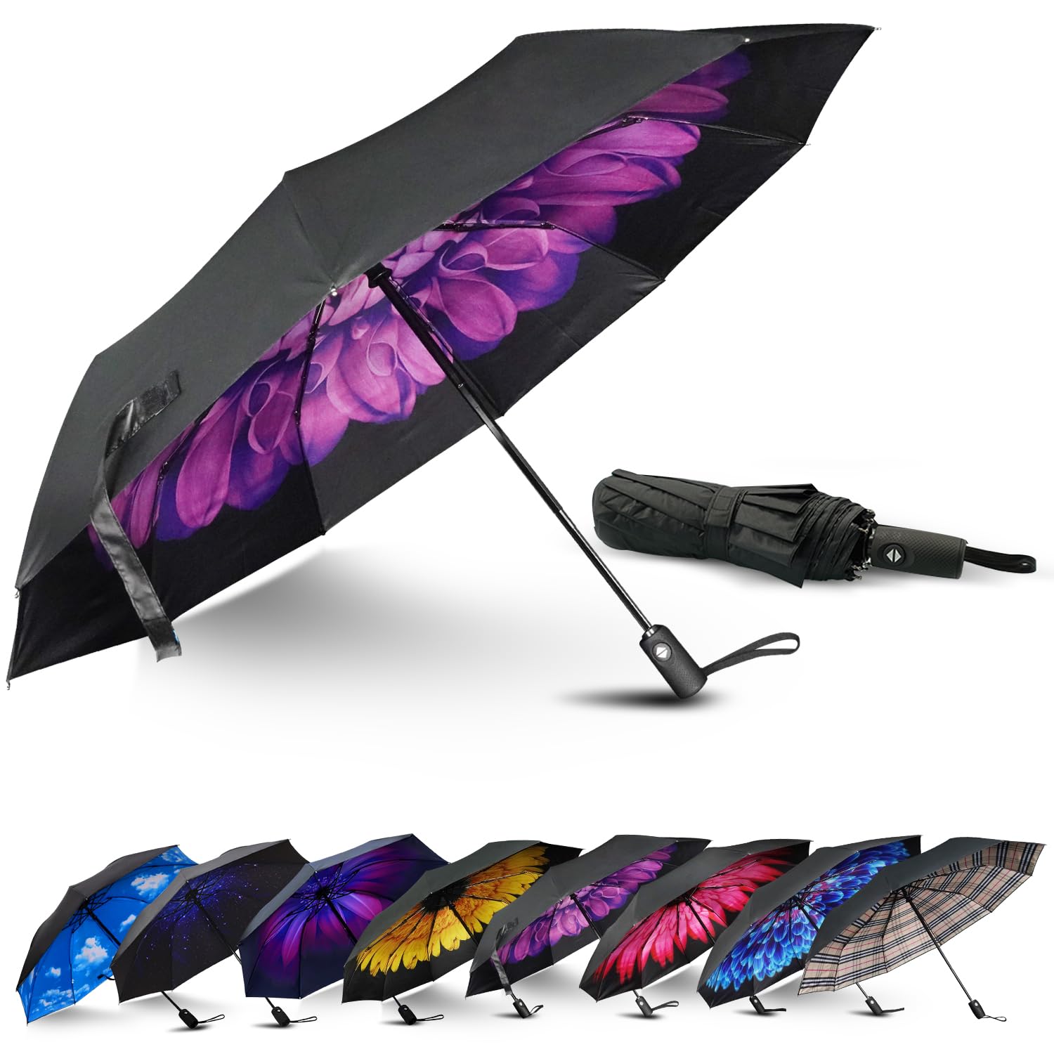 LLanxiry Compact Travel Umbrella, Automatic Open/Close Windproof Umbrella, 10 Fiberglass Ribs, 210T Pongee, UPF 50+ Sun/Rain, Lightweight Portable
