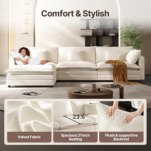 Miniatura 4 de Sofá modular de 102 pulgadas, color beige, sofás de nube para sala de estar, sofá en forma de L con otomana móvil, modernos sofás seccionales de