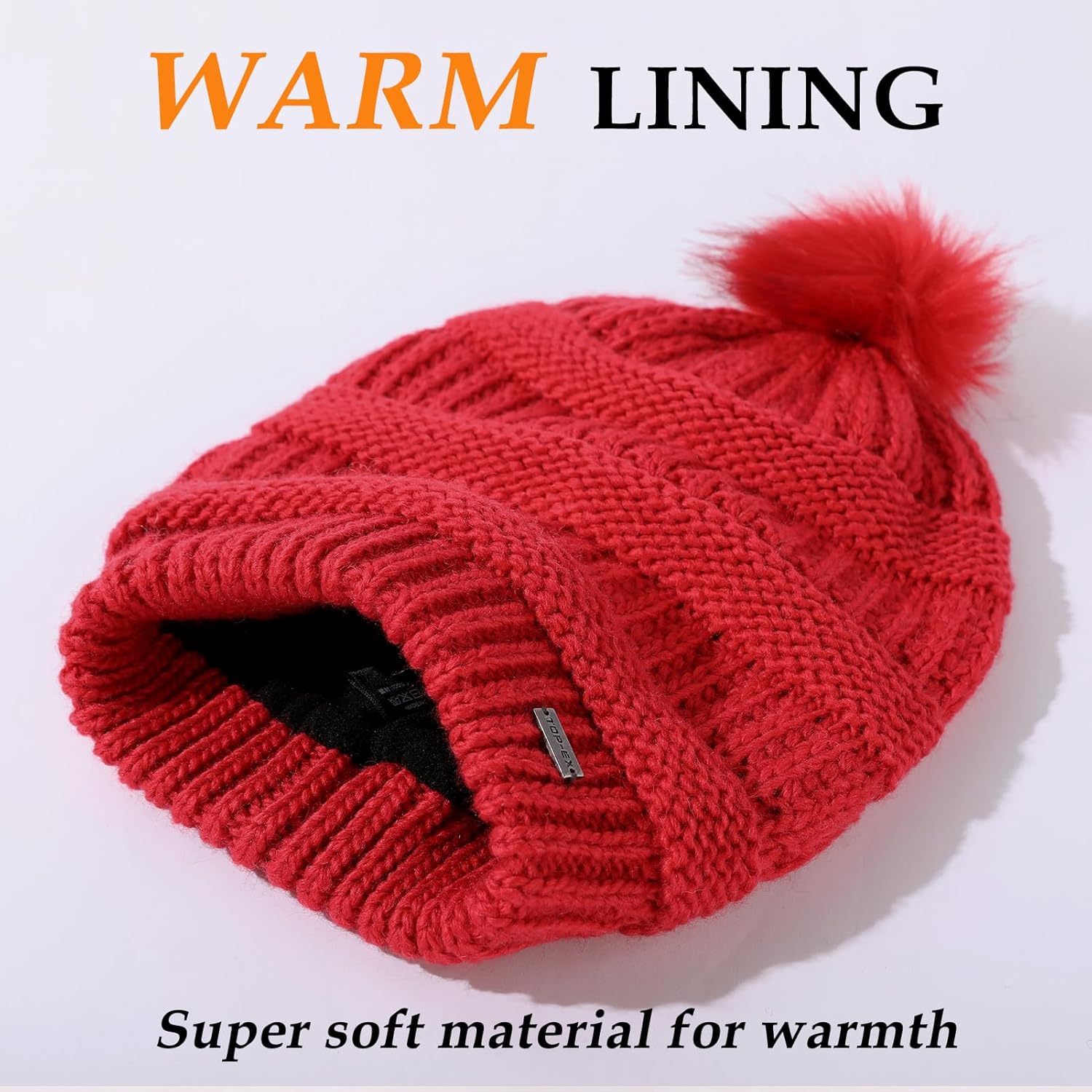 TOP-EX PolarWool™ Winter Slouchy Beanie for Women Icelandic Wool with Faux Fur Pom - Satin or Fleece Lined for Cold Weather