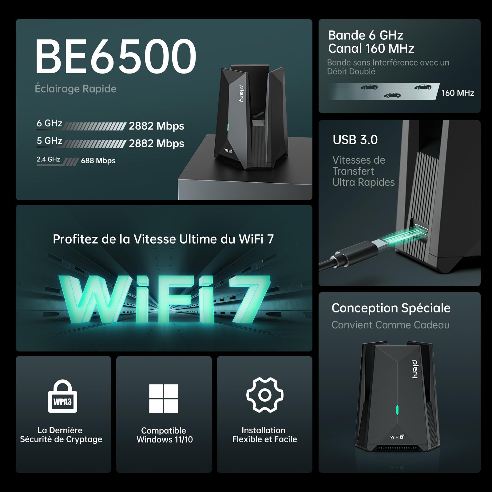 BE6500 Mbps Clé WiFi 7 Puissante Tri-Bande Clé USB WiFi pour PC | 6GHz/5GHz/2,4GHz, Type-C vers USB 3.0 Longue Portée Antenne Carte WiFi Compatible avec Windows 11/10, WPA3, Pilote Intégré