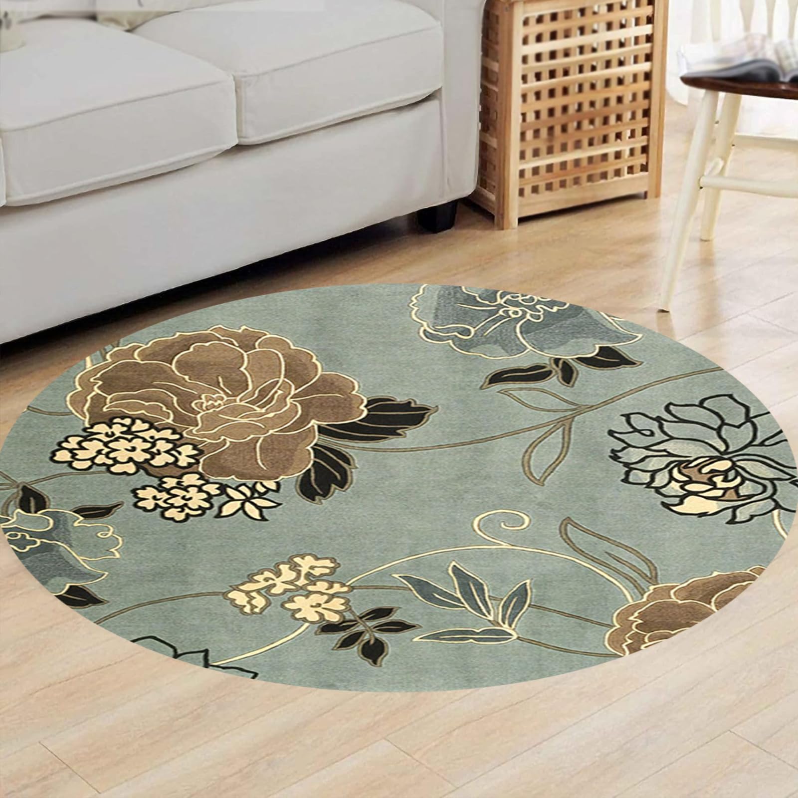 JINMUXUAN Area Rugs Circle,Sage Green,Round Diameter 110 cm, Sage Green, Brown Yellow Floral Contemporary Design, Washable Non-Slip Rug for Living Room Bedroom Laundry Kitchen Hallway, Beauty Comes