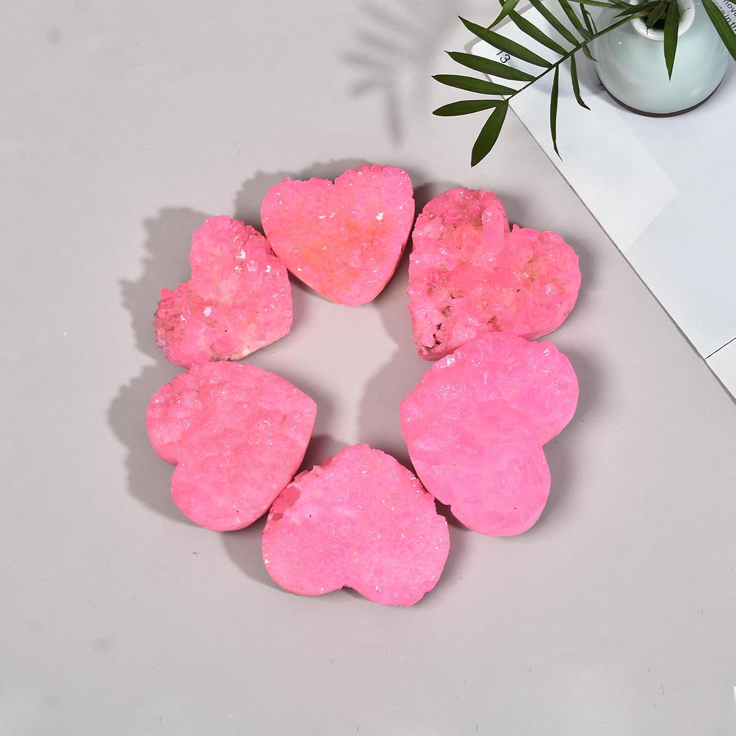 JIC Gem Large Pink Titanium Coated Heart Crystal Cluster Geode Healing Crystals Heart Shaped Rocks with Crystal Display Stand Home Decor Reiki Meditation 3.54-3.93 inch