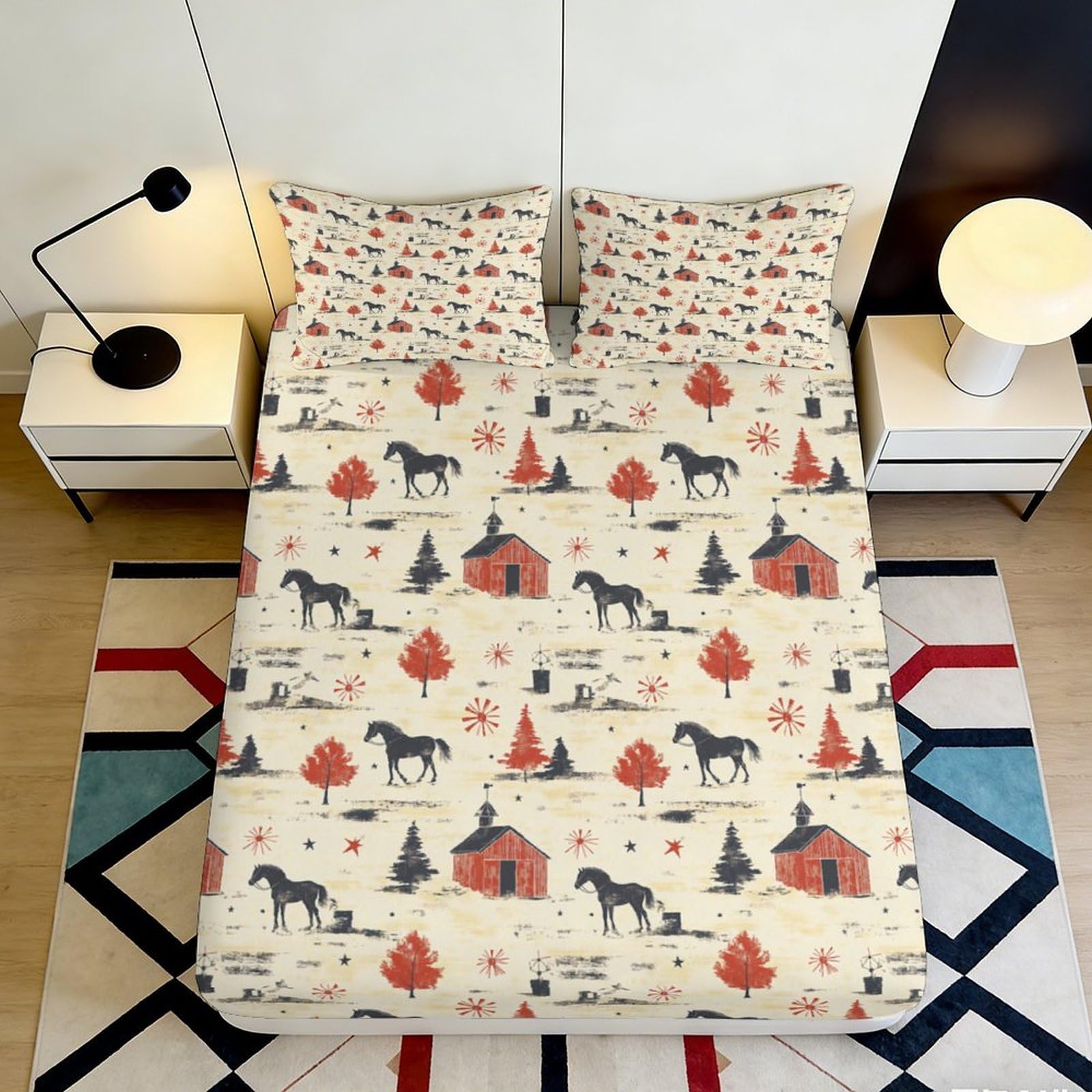 3D Printed Nordic Cabin Fitted Sheet Microfiber Moose Forest Mattress Cover Beige Red for Bedroom Guest Room Decor 90x200x25cm
