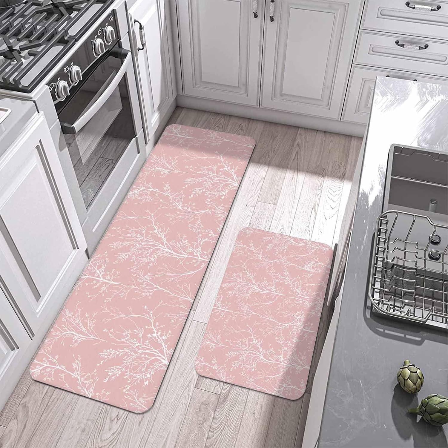 Romantic Pink Kitchen Mats Set of 2 White Tree Branch Botanical Abstract Plant Leaves Non Slip Mat Washable Floor Rug for Kitchen Sink Floor Laundry, 23.6"x35.4"+23.6"x70.9"