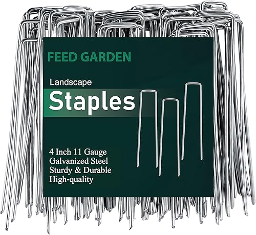 FEED GARDEN Paquete de 50 grapas galvanizadas de 4 pulgadas, calibre 11, estacas de jardín antioxidantes, tela de paisajismo, alfileres SOD, estacas