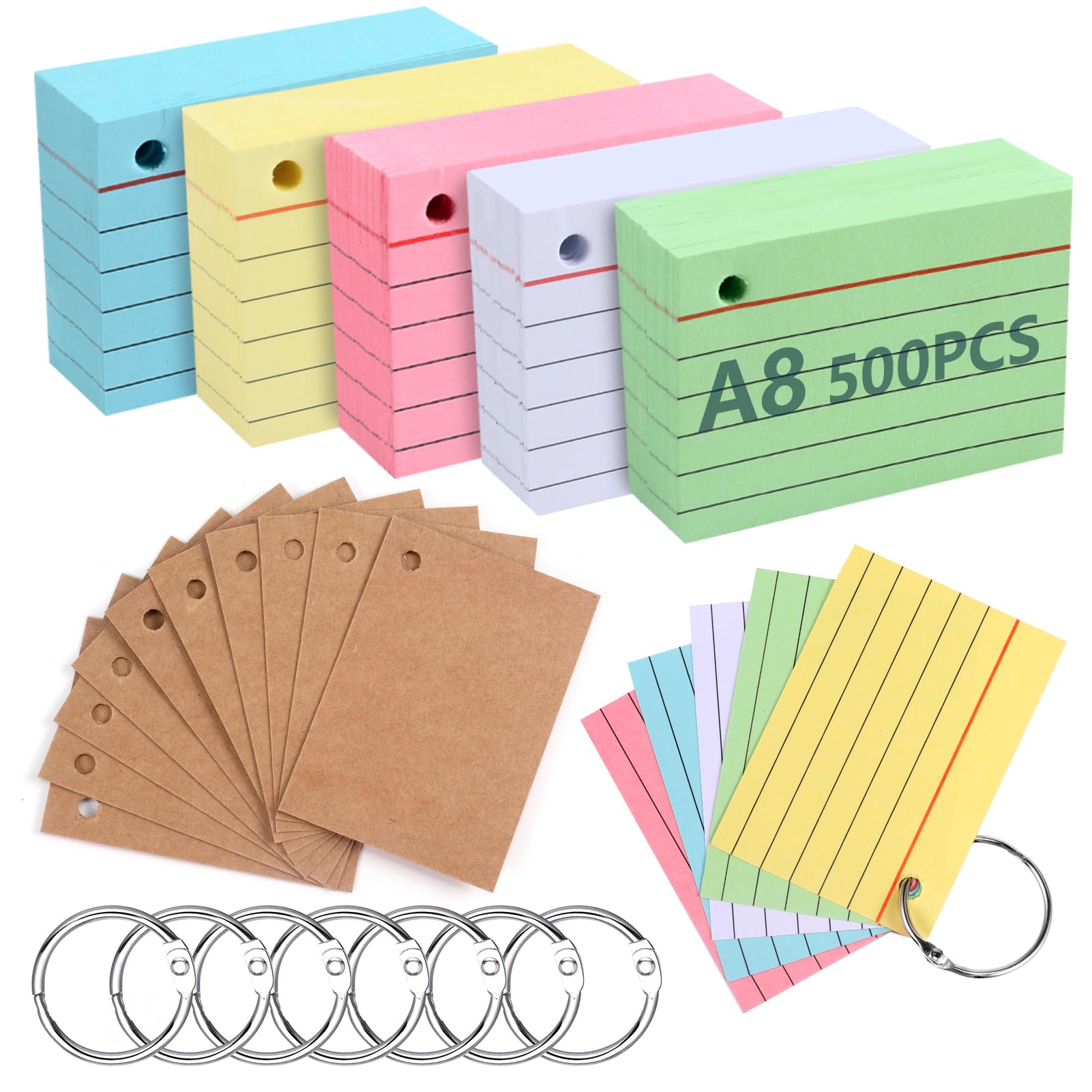 moinkerin Index Cards 500 Pieces 2.91 * 2.05 Inch Multicolor Record Cards with 7 Binder Rings 10 Kraft Paper Flashcards for Office Home School Learning