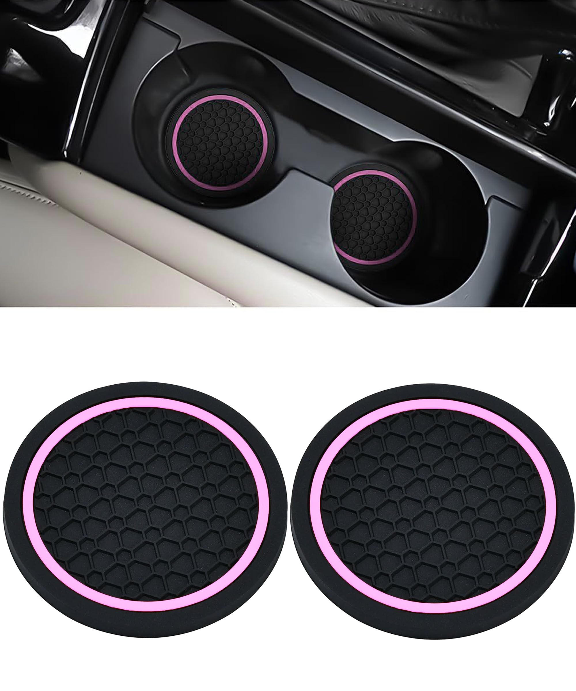 Xibao 2PCS Auto Untersetzer Getränkehalter,Anti Rutsch Auto Tassenhalter,Durchmesser PVC Verdicken Schwarz Autos Untersetzer,Geeignet für die Meisten Autos,SUVs und Anderen Modellen (Schwarz&Rosa)