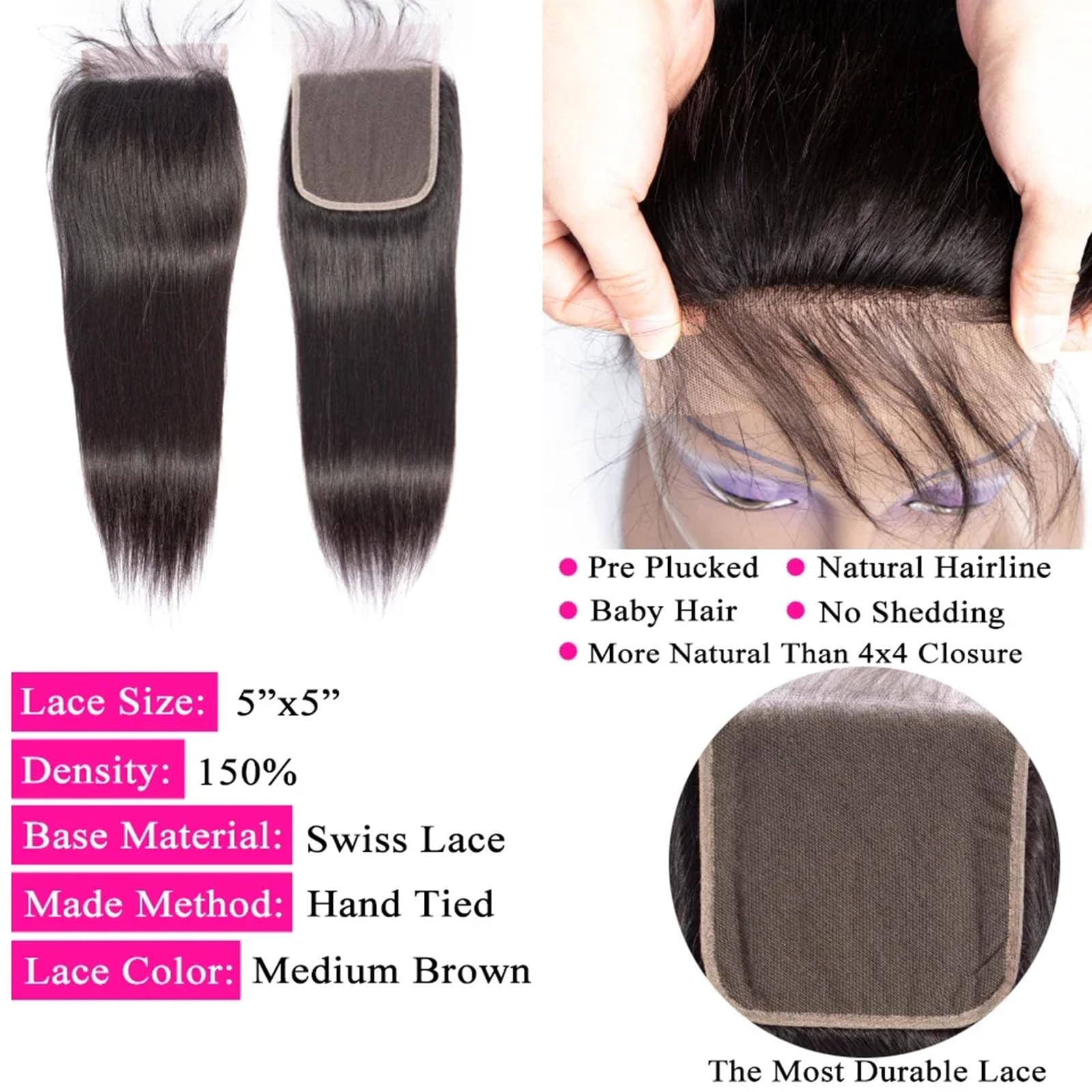 DUAUJUIU Closure Human Hair 100% Brazilian Virgin Human Hair 5x5 Transparent Lace Closure for Women Straight Wave 20 Inch - Image 3