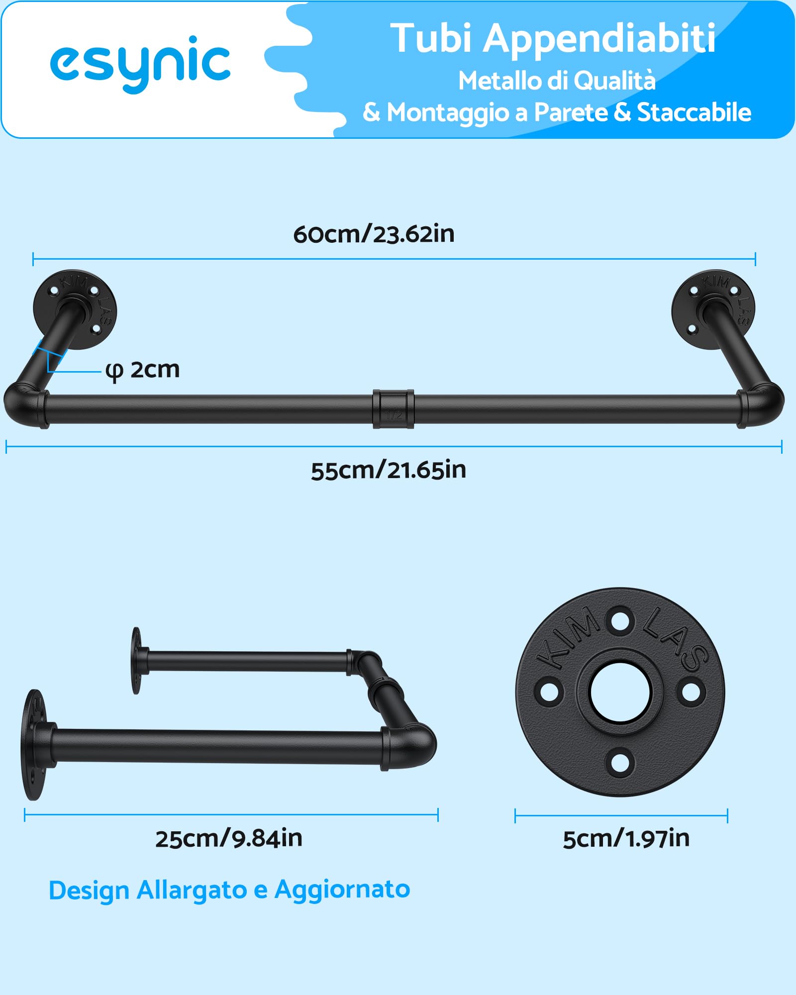 ESYNiC 2x60cm Tubi Appendiabiti da Parete in Ferro Stile Industriale Carico 25KG, Paio Attaccapanni da Muro Salvaspazio Porta Asciugamani da 60x25cm per Ingresso Guardaroba Bagno Ristorante - Nero