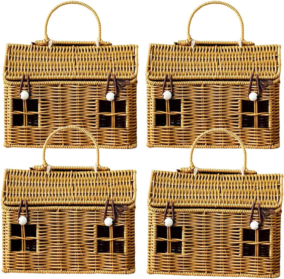 House-Shaped Wicker Basket with Lid - Handwoven Rattan Storage Basket for Home Decor, Kids Picnic, Organizer | Decorative Brown Woven Gift Box, Versatile for Toys, Wall Hanging (4PCS)