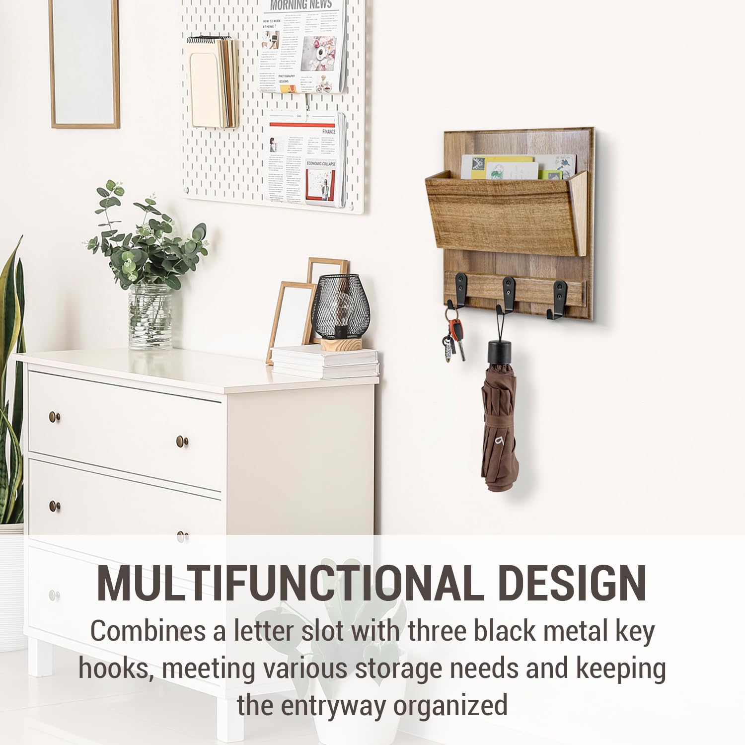 MyGift Rustic Premium Acacia Solid Wood Wall Mounted Mail Holder Rack, Hanging Wooden Home Entryway Organizer with Letter Slot and 3 Black Metal Key Hooks