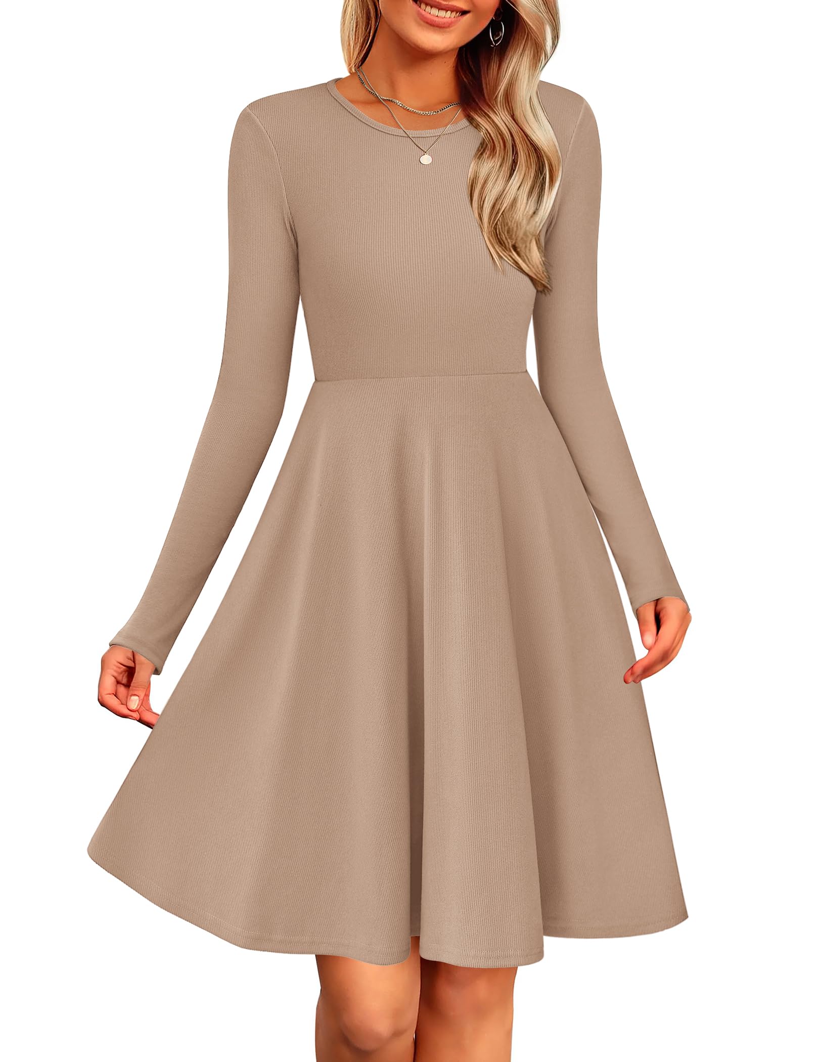 ZEAGOO Strickkleid Damen Herbst Langarm Rundhals Kleid Elegant A-Linie Winterkleid Einfarbig Tunika Kleid Leichte Pulloverkleid S-XXL