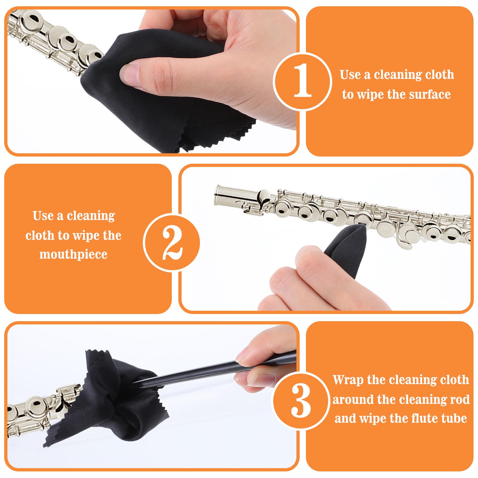 Yuanchu Kit de nettoyage pour flûte, 2 tiges de nettoyage pour flûte avec 2 chiffons de nettoyage pour flûte, chiffon de polissage et accessoires de nettoyage pour flûte, instruments de musique