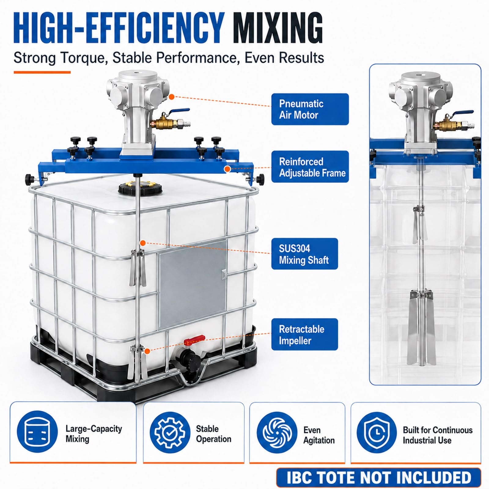 Miscelatore Pneumatico per Cisternetta IBC 1000L con Supporto Regolabile, Girante Pieghevole 250 mm e Albero SUS304 per Vernici, Resine e Adesivi A