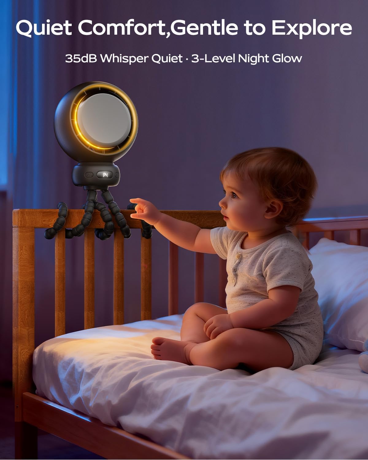 Mini Portable Stroller Fan – 60° Auto Oscillation, Quiet USB-C Rechargeable Baby Fan, 4 Speeds, Night Light & Warning Light, Flexible Tripod for Stroller, Car Seat, Crib, Camping (Black)