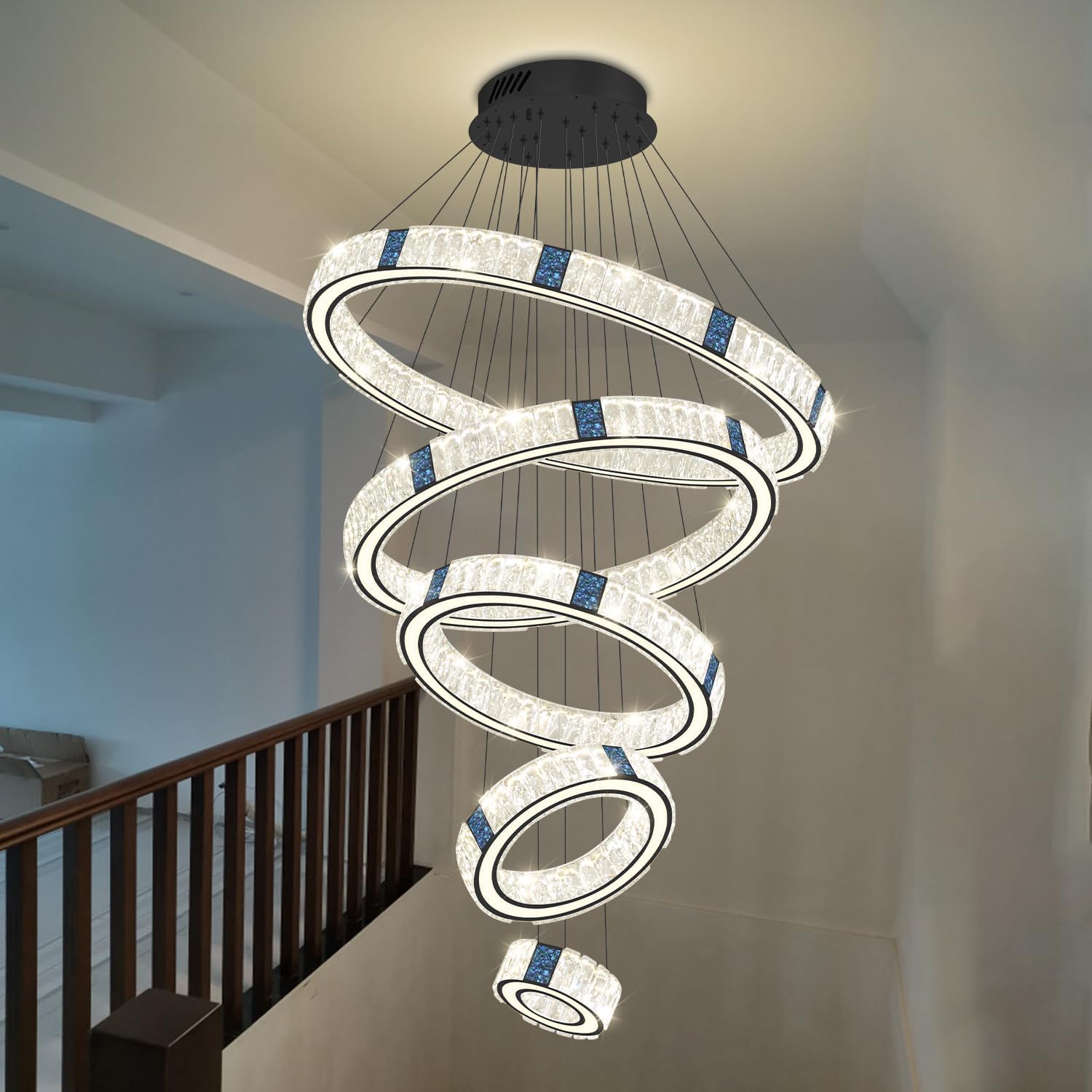 Large LED Ring Chandelier for Living Room Black 5 Ring High Ceiling Chandelier with Remote Control Modern Crystal Chandelier Lighting D8-16-24"-32"-40"