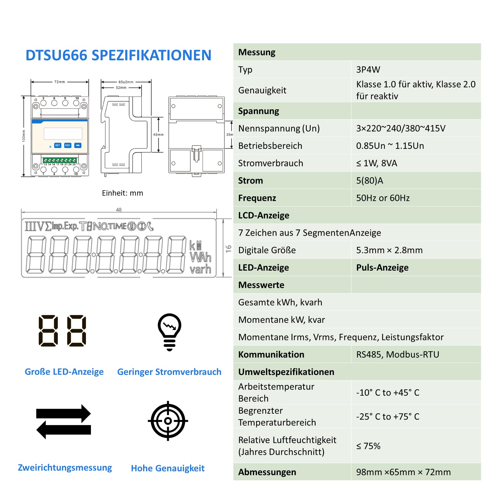 CHINT DTSU666 Dreiphasiger DIN35mm elektronischer intelligenter Energiezähler Stromzähler 5(80) A Direktverbindung mit RS485/Modbus RTU (Nicht mit Wechselrichter kompatibel)