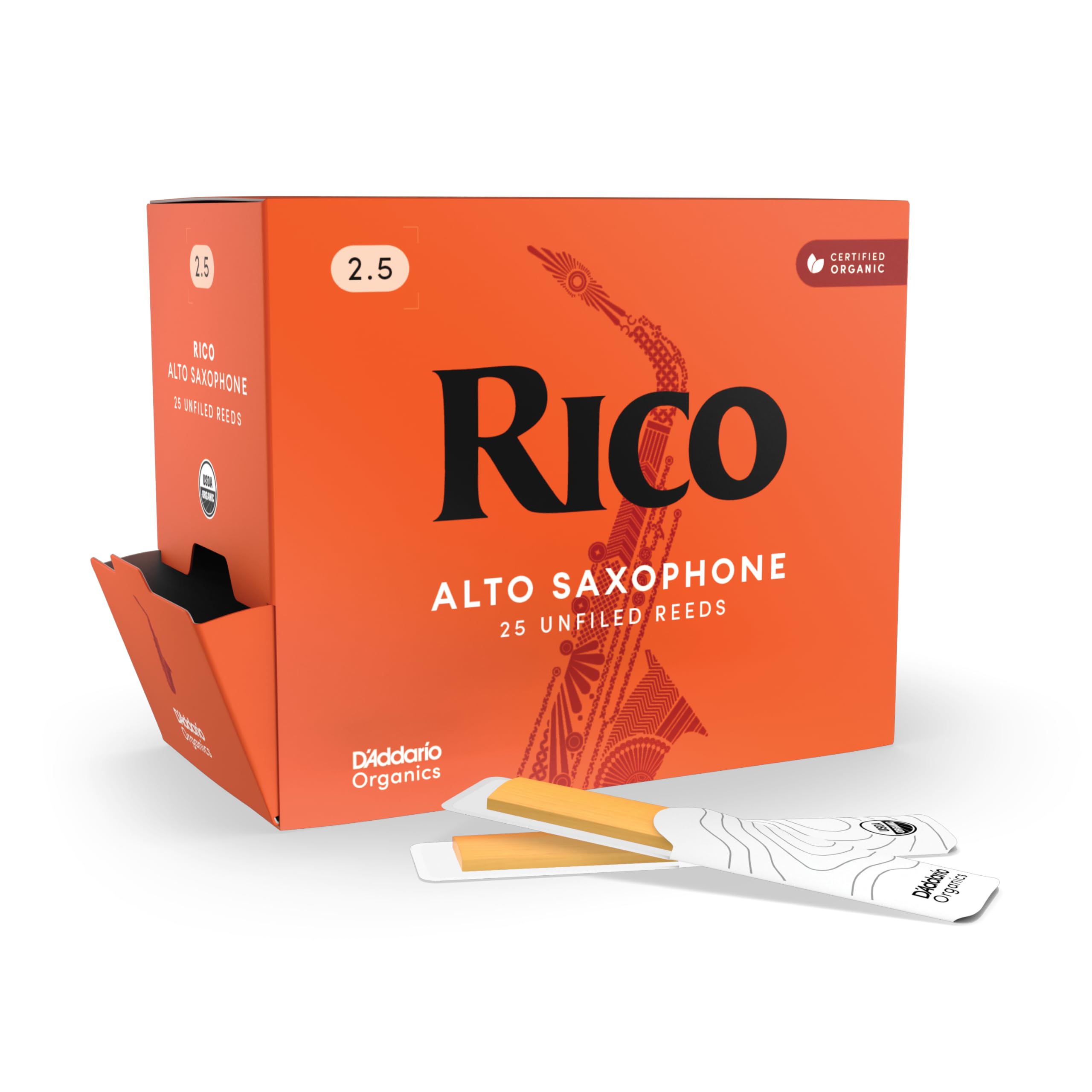 Stroiki Rico Organic do Saksofonu Altowego, Twardość 2.5, Opakowanie 25 szt.