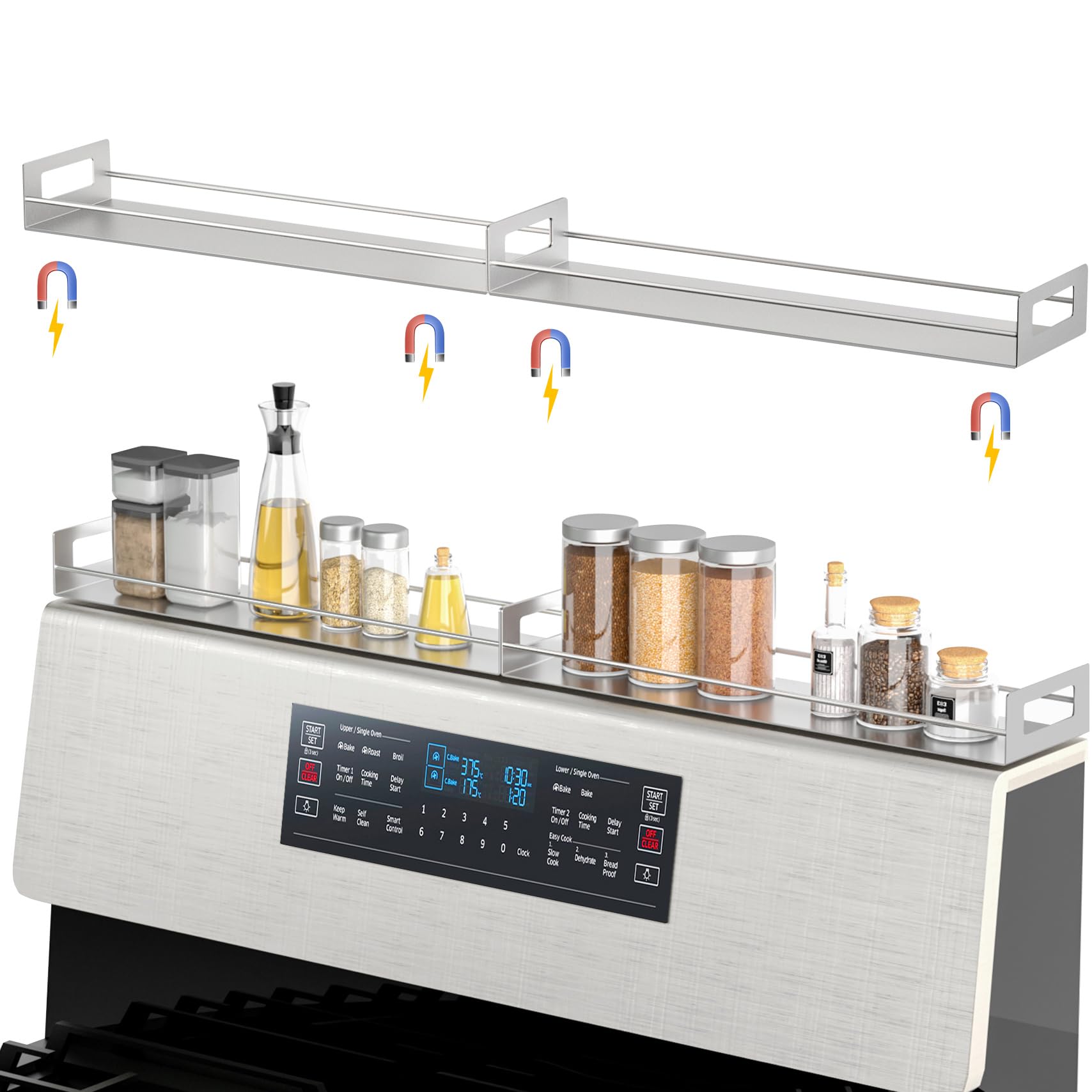 THYGIFTREE Magnetic Stove Top Shelf 2Pcs 15" Stainless Steel Over The Stove Oven Shelf Spice Rack Seasoning Organizer for 30" Stovetop Shelf for Kitchen