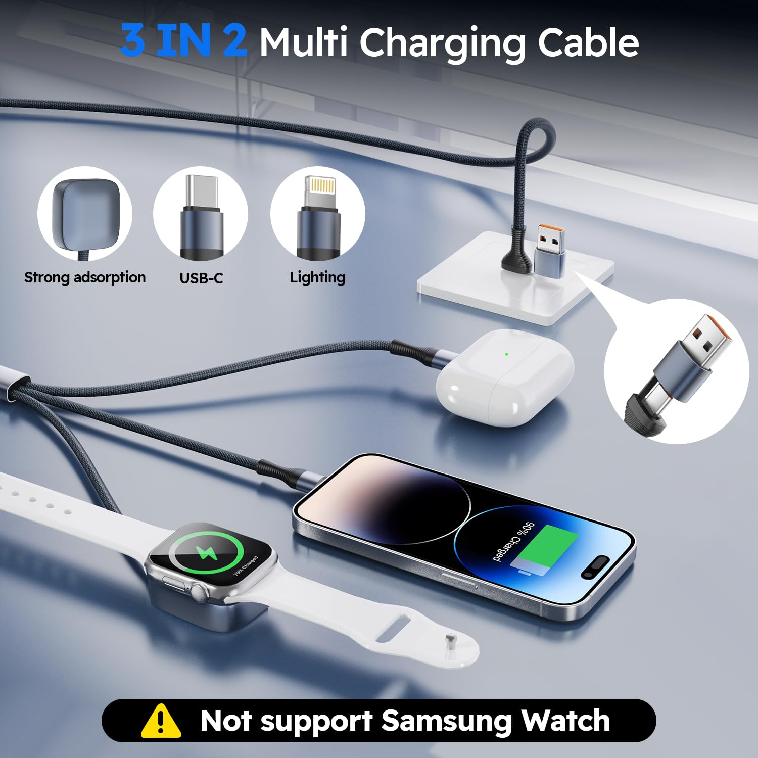 Travel Essentials Câble de charge multiple de 19,4 cm² pour Apple Watch, chargeur USB A/C vers chargeur de type C/IP/iWatch, câbles de charge pour plusieurs appareils compatibles avec iWatch Series et