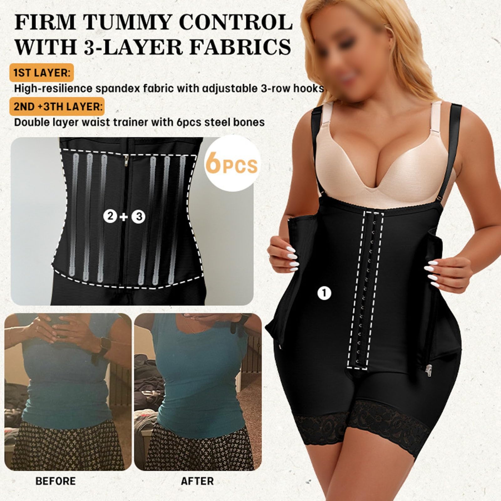 Fajas BBL Post Chirurgia Fase 2/3 Body Shaper Indumento Compressivo per il Controllo Dell'addome Guaine con 12 Stecche Indumento Modellante Post-parto con Busto Aperto e Sollevamento Glutei