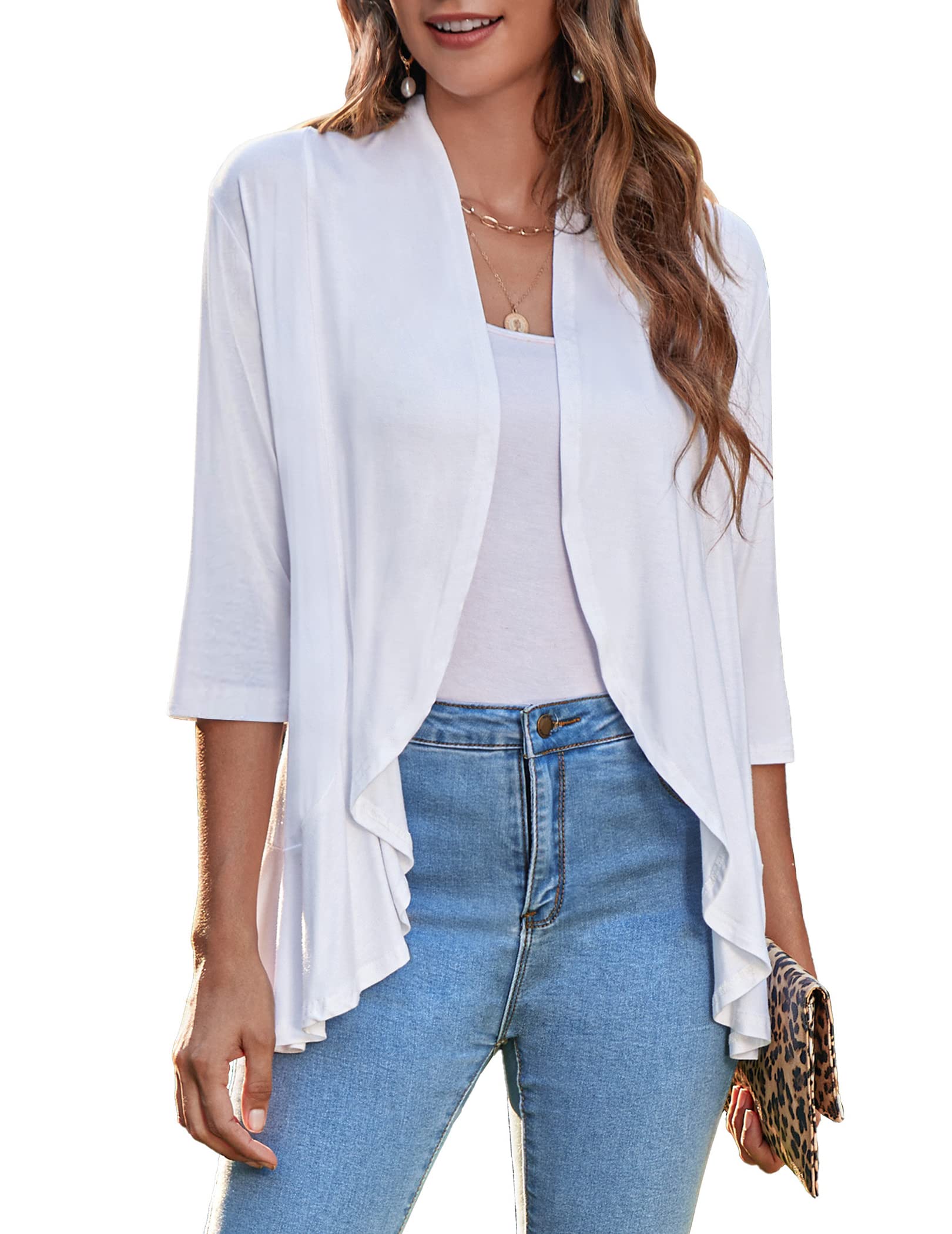 Zeagoo Women's Open Front Cardigan 2026 Spring Summer Lightweight 3/4 Sleeve Draped Ruffles Cardigans S-3XL