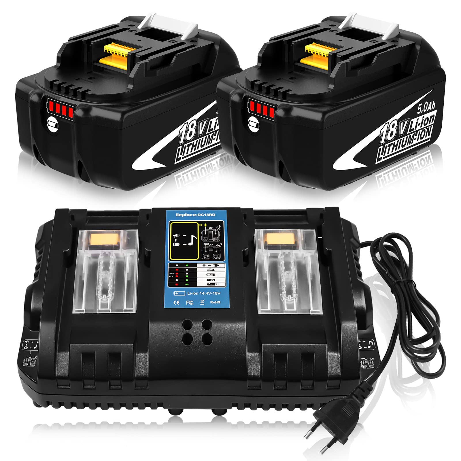 2X Ricambio BL1850B per batteria 18V + 14,4V-18V DC18RD Caricabatterie doppia porta 3A per DC18RD DC18RA DC18RC DC18SF (spina UE) Goodexo