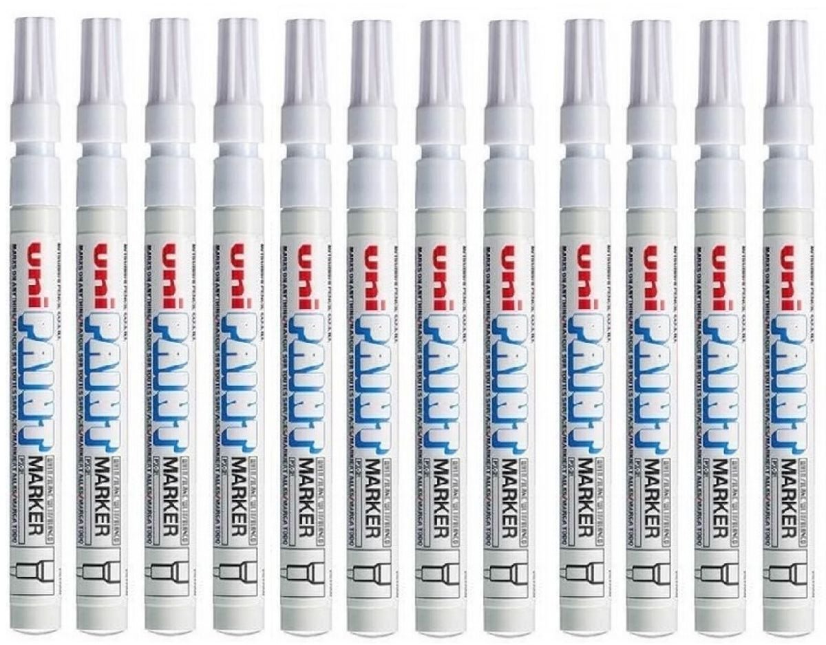 Uni Coloured Fine (0.8-1.2mm) PX-21 White Oil Paint Marker Pen Metal Glass Wood Plastic Stone Outdoor Bullet Nib Tip (Pack Of 12)