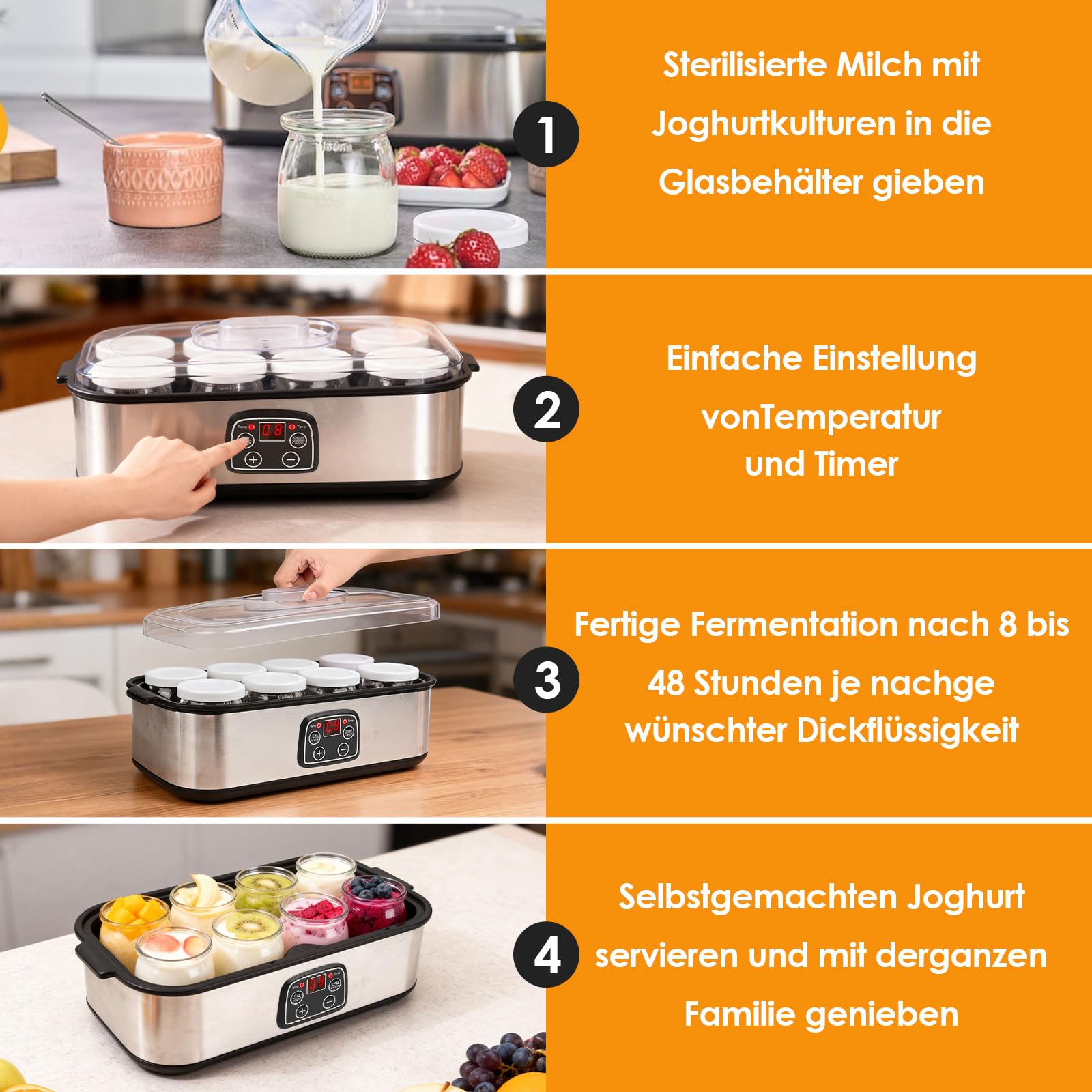 Dreamhigh® Elektrische Joghurtbereiter, Griechische Joghurtmaschine mit 8 Glasbehälter à 180 ml, Joghurt Maker mit LCD Display Timer, Temperatur 20-55°C, für Bis 1,4L Selbstgemachten Joghurt