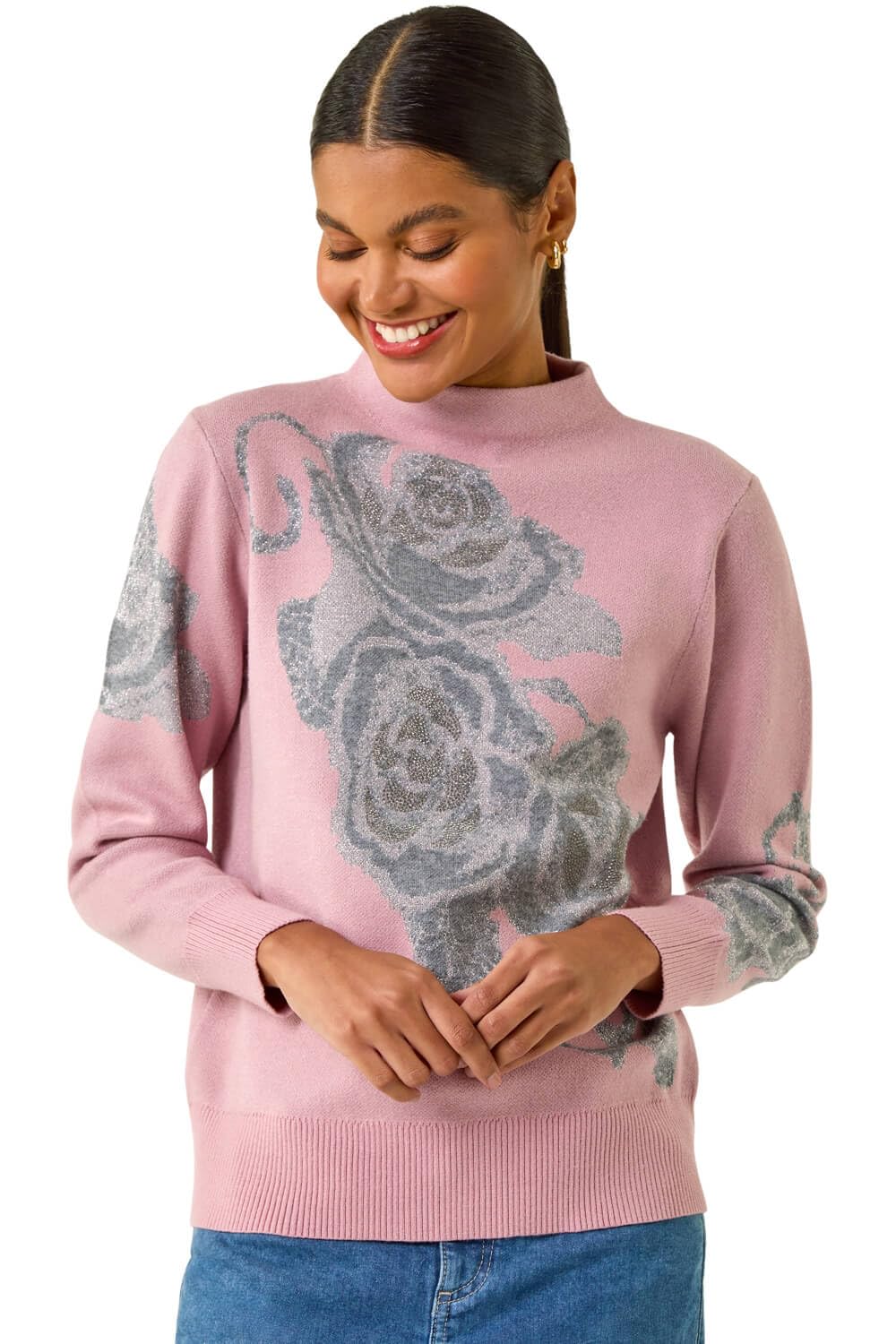 Roman Originals Women's Light Pink Floral Rose Shimmer Knit Jumper For Uk - Everyday Autumn Winter High Neckline Comfy Soft Evening Vacation Work Party Night Out - Size 20