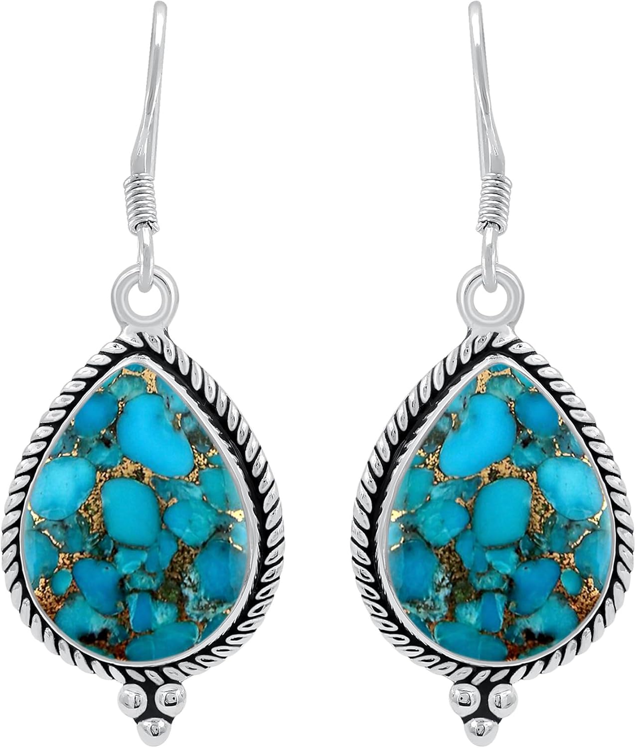 Natural Blue Green Spiny Oyster Copper Turquoise Dangle Earrings Sterling Silver Plated for Women - Stabilized Copper Infused Turquoise Drop Handmade Earrings - Gifts For Her