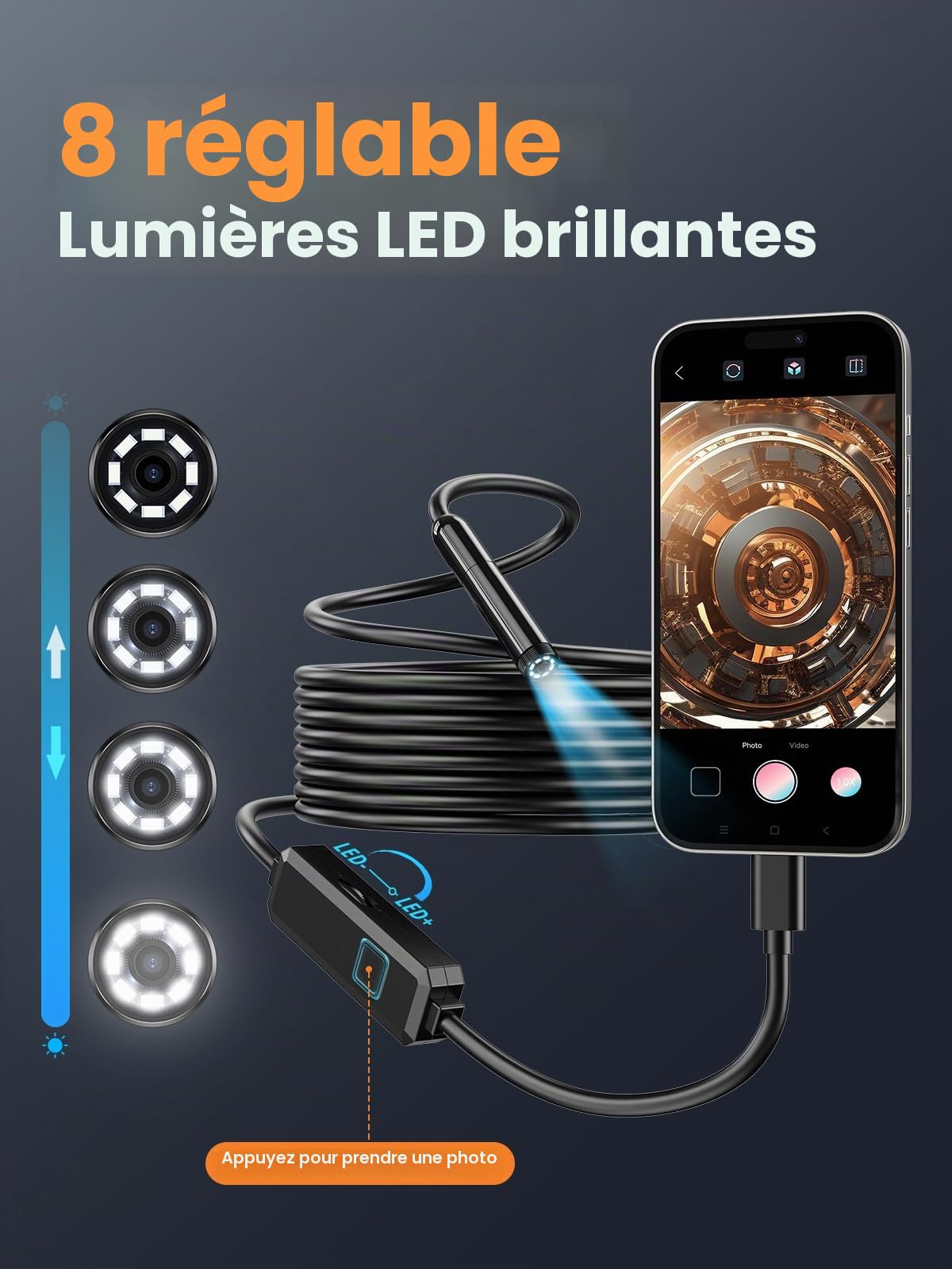 Caméra d'inspection endoscopique, endoscope HD 1920p avec 8 lumières LED, caméra d'inspection serpent semi-rigide de 10 m, IP67 étanche pour homme Gadgets pour iOS et Android