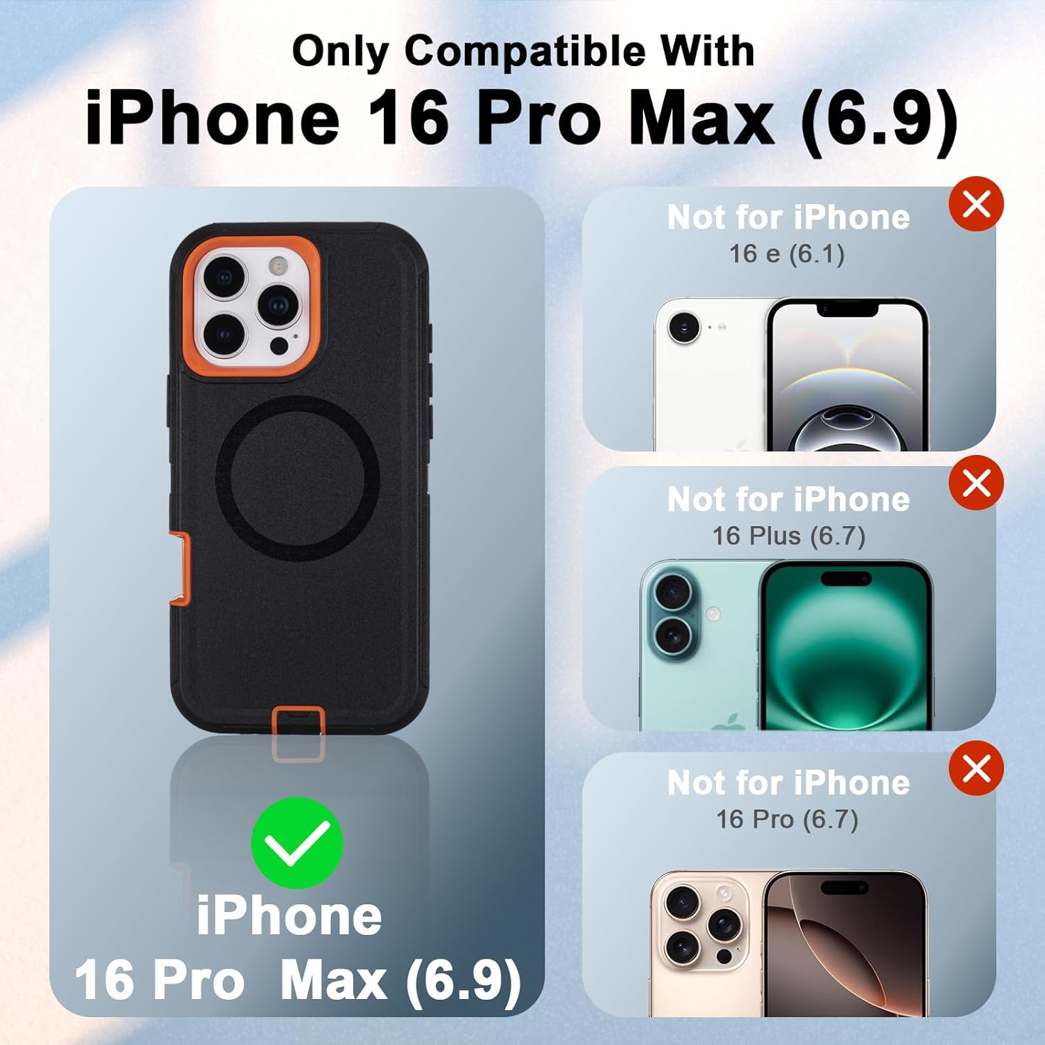 for Defender iPhone 16 Pro Max Case with Belt Clip Holster, [Compatible with MagSafe] 3-Layer Heavy Duty Military Grade Drop Protection, Rugged Protective Case for iPhone 16 Pro Max (Black+Orange)