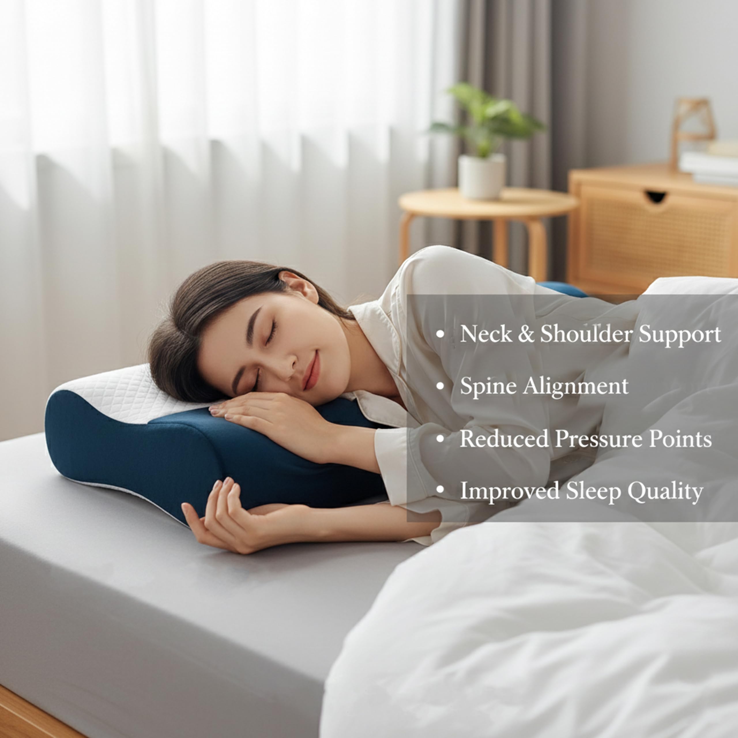 WONJU - Cervical Contour Memory Foam Pillow for Neck Pain Relief | Orthopedic Spine Alignment | Washable Velvet Cover | Pressure Relief | Perfect for Back & Side Sleepers 4