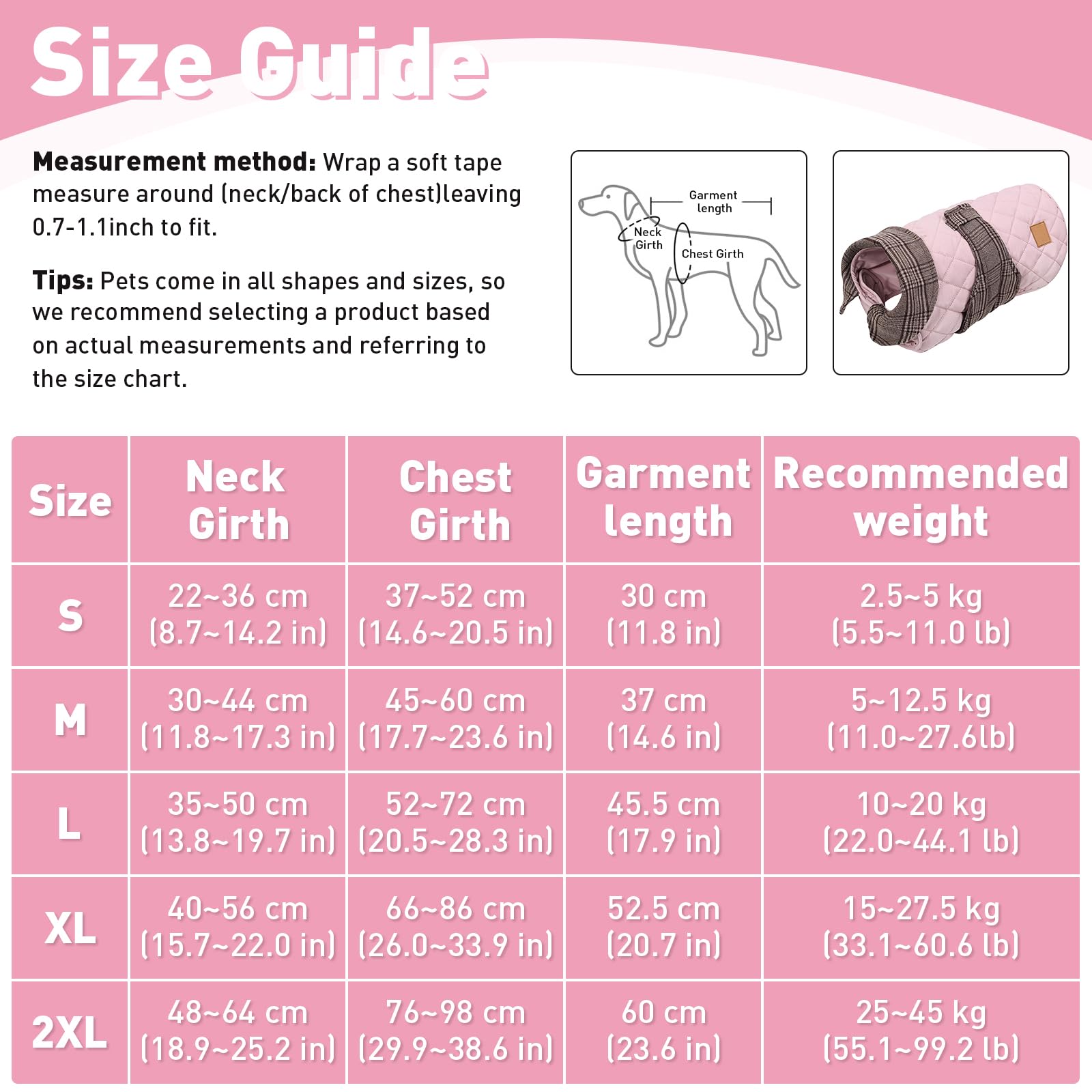 Cappotto invernale per cani, antivento, reversibile, trapuntato, con colletto a quadri, chiusura con , per cani di taglia piccola, media e grande (rosa, 2XL)