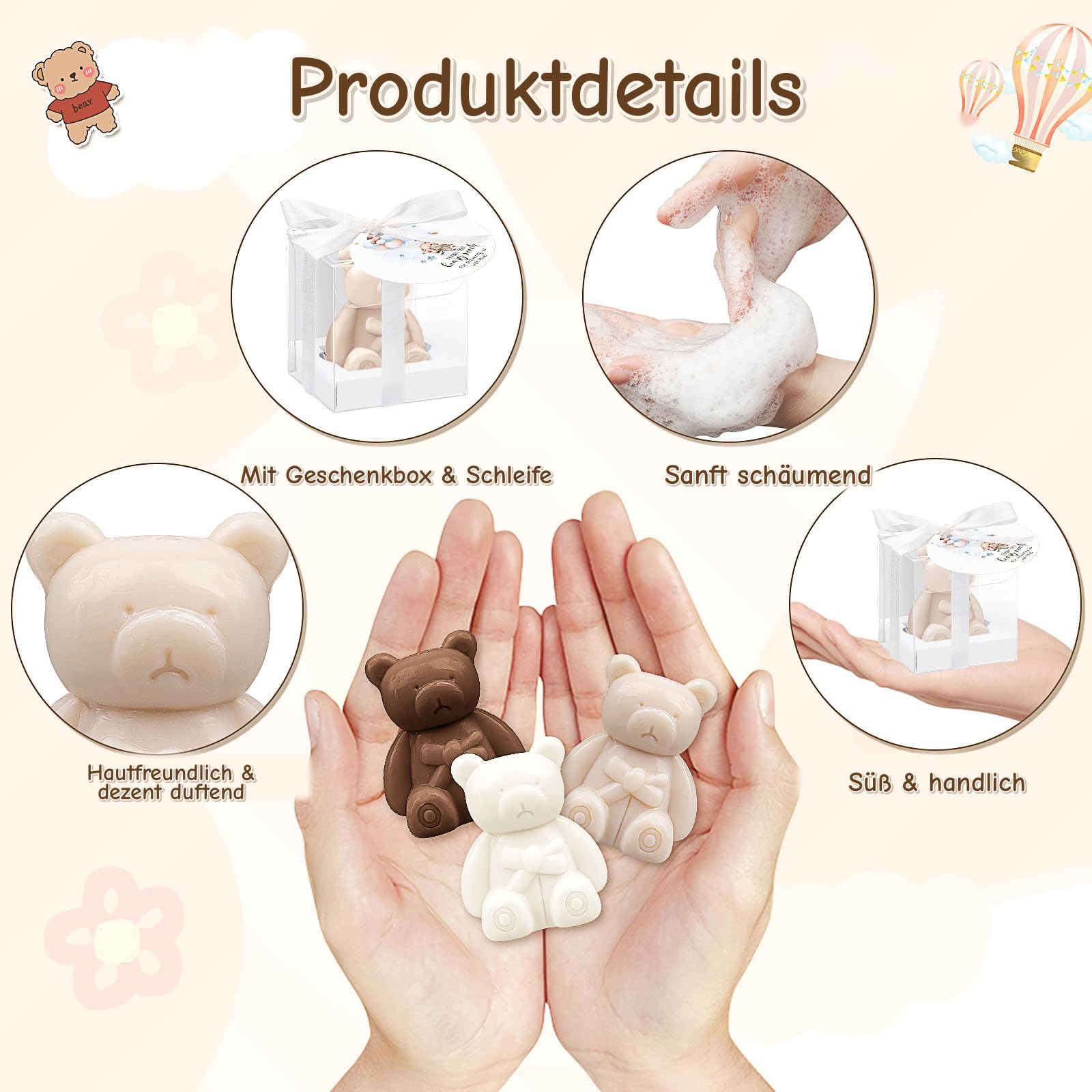 36 Stück Bären Seife Babyparty Gastgeschenke, Mini Baby Shower Bärenseife mit Geschenkbox Dankeskarten, Kleine Duftend Seife für Jungen Mädchen Gender Reveal Taufe Gäste Mitgebsel, Weiß & Braun