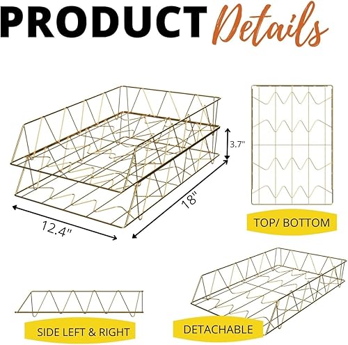 Miniatura 2 de Performore Paquete de 2 bandejas de escritorio apilables de alambre dorado de 11 x 17 pulgadas, organizador de bandejas de papel para escritorio,