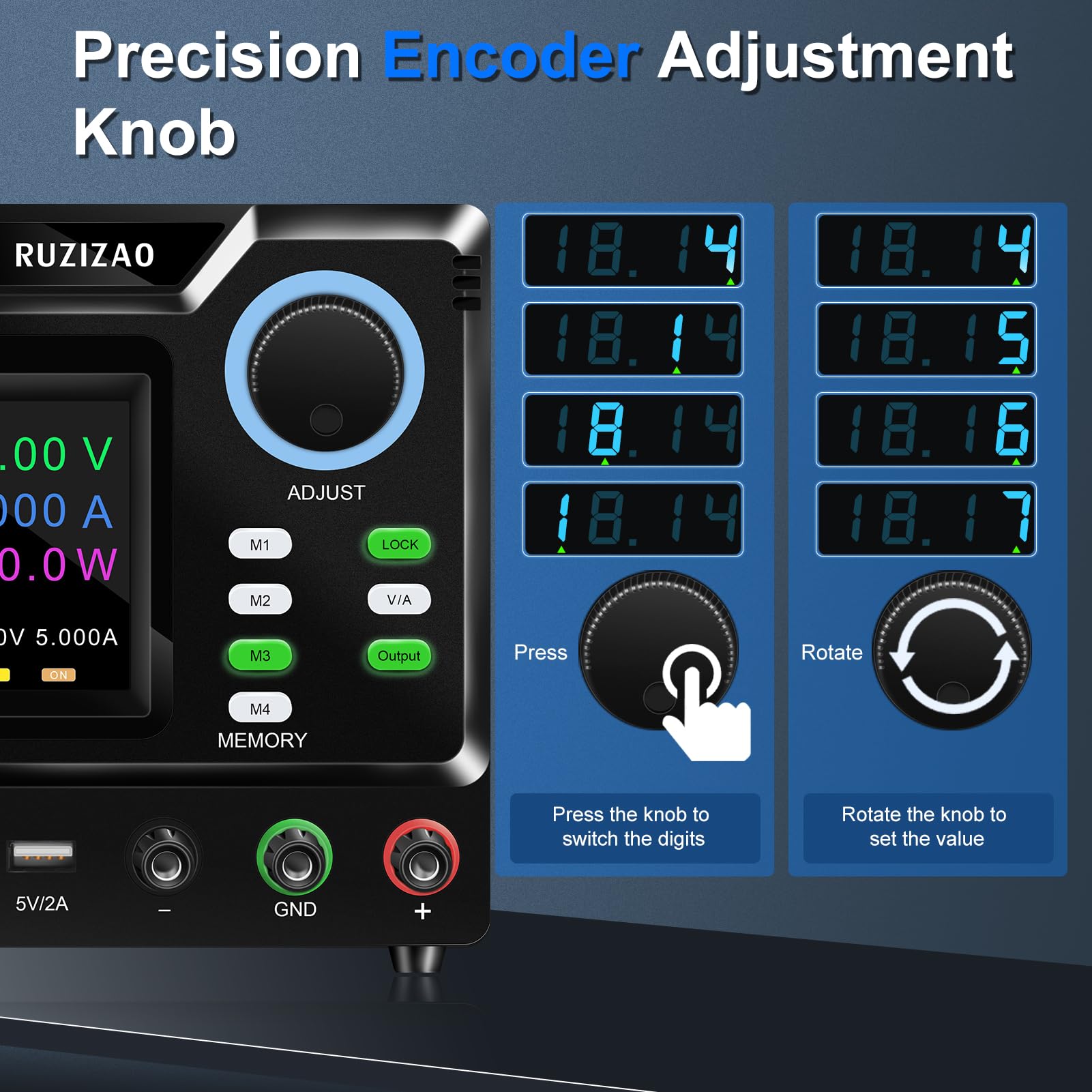 Alimentatore da Banco Programmabile 60V 5A, Alimentatore da Laboratorio con Memoria/OUTPUT/Encoder, Alimentatore Regolabile Variabile con Software, Pulsante di Blocco e Porta di Ricarica USB