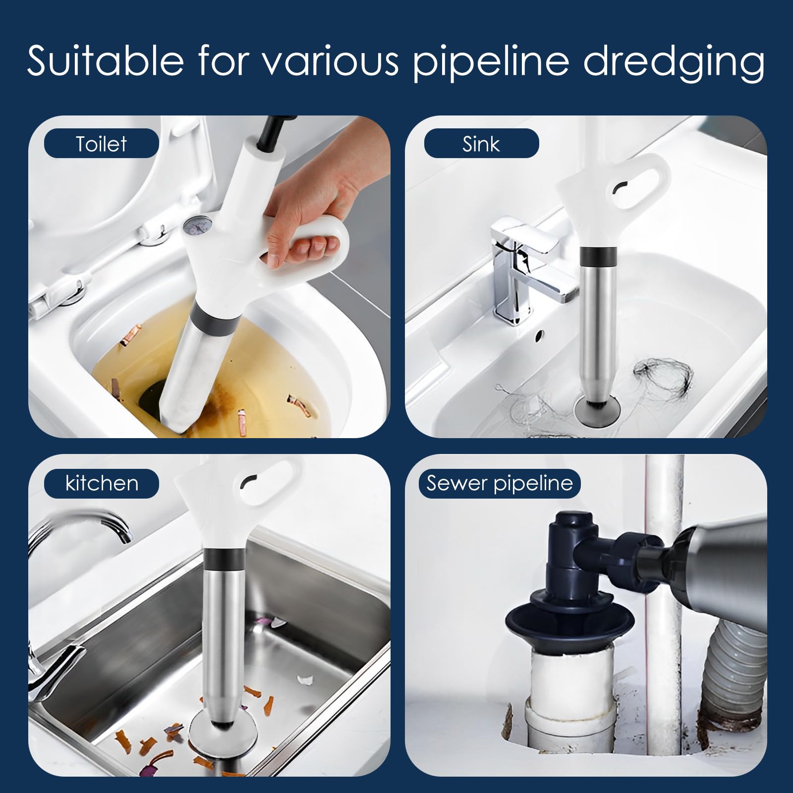 Air Toilet Plunger Toiletten Pömpel Piston WC Haute Pression Set 5 en 1 Toilet Plunger High Pressure Plunger Clog Remover pour toilettes, lavabo, baignoire, siphon de sol