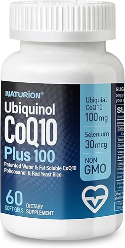 NATURION Ubiquinol CoQ10 Plus 100  Kaneka Ubiquinol, Vitamina D3, Selenio, Mezcla de Apoyo a la Circulación  Suplemento CoQ10 de 100 mg, 60 cápsulas