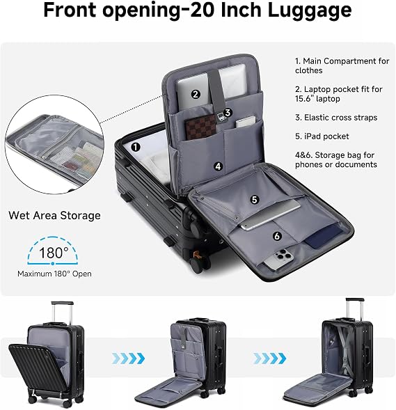 Sea choice 2 Piece Luggage Set 20/28 Front Opening Luggage PC Hard Shell Suitcase Top Opening Luggage Suitcase with USB Port Cupholder TSA Lock 4 Wheels