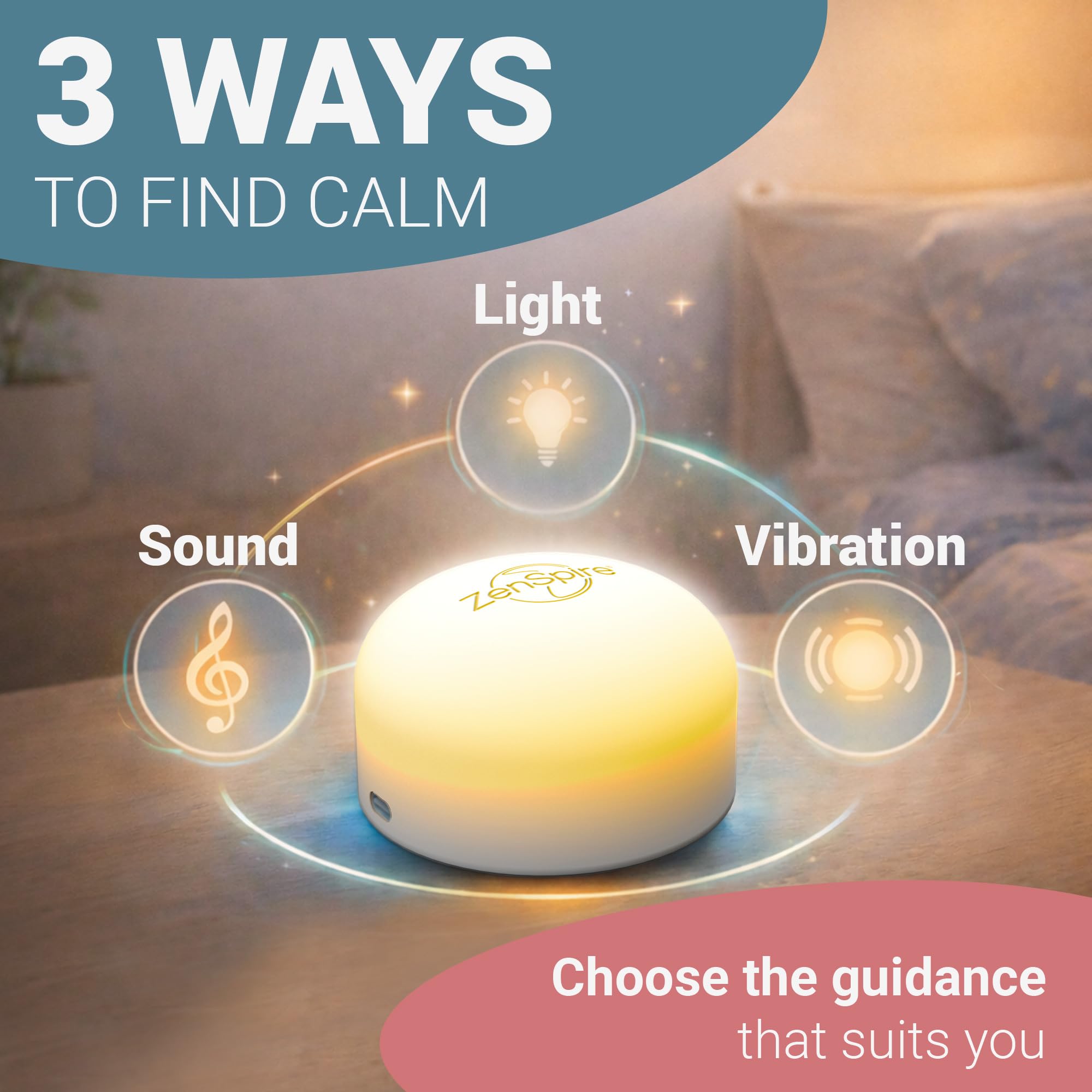 ZENSPIRE+ Dispositivo antiestrés | Dispositivo para la relajación y la meditación que favorece el sueño - Ayuda a conciliar el sueño y favorece el descanso y el bienestar | luz zen, sonido y vibración