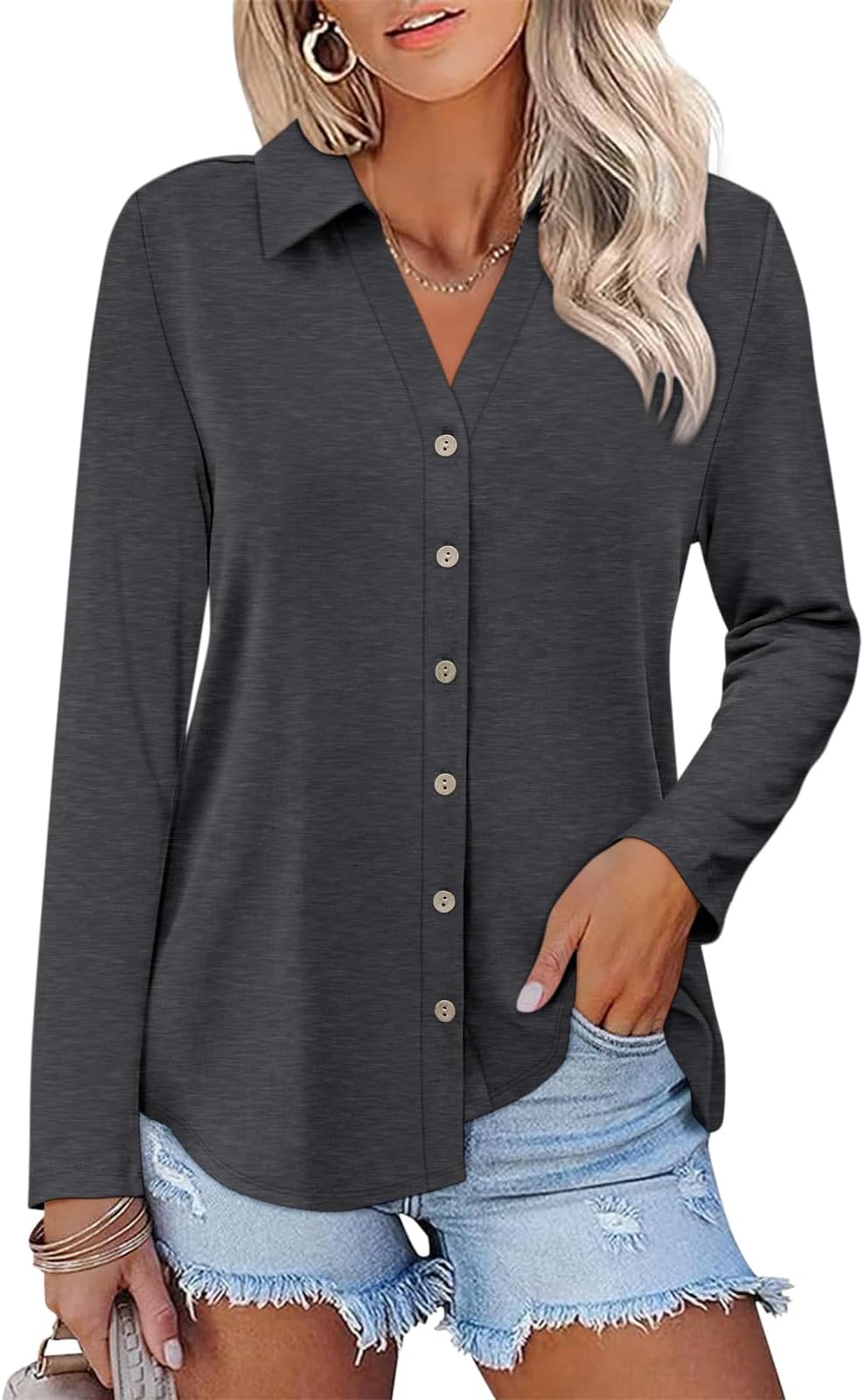 Womens Long Sleeve Tops Button Down Shirts Dressy Casual Fall Tops Trendy Tunic Tops