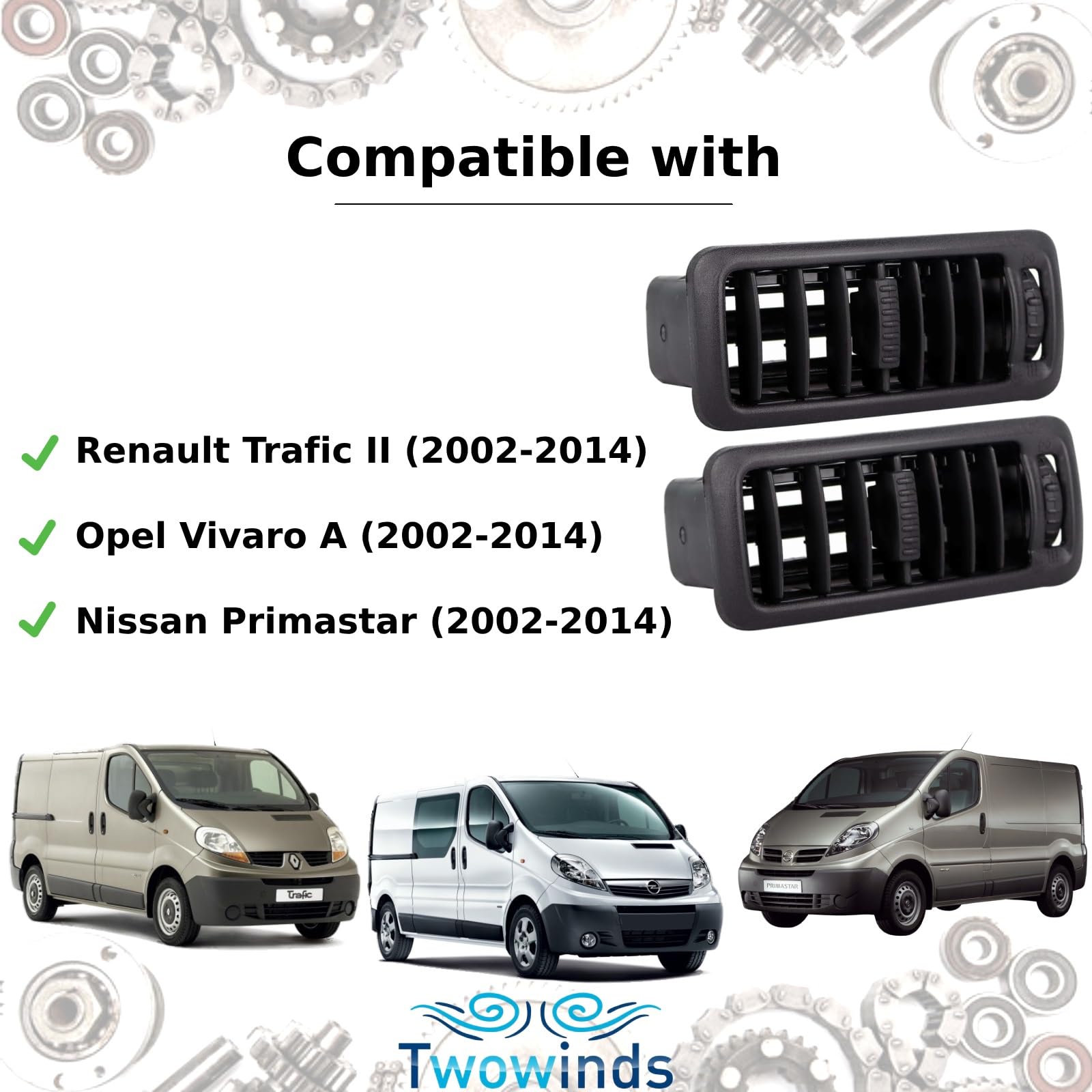 Twowinds - Bocchetta Ventilazione 7701054458 Compatibile con Renault Trafic 2, Opel Vivaro A, Nissan Primastar (2002-2014) - Console Centrale - Griglia Diffusore Aria Riscaldamento (2 pezzi)