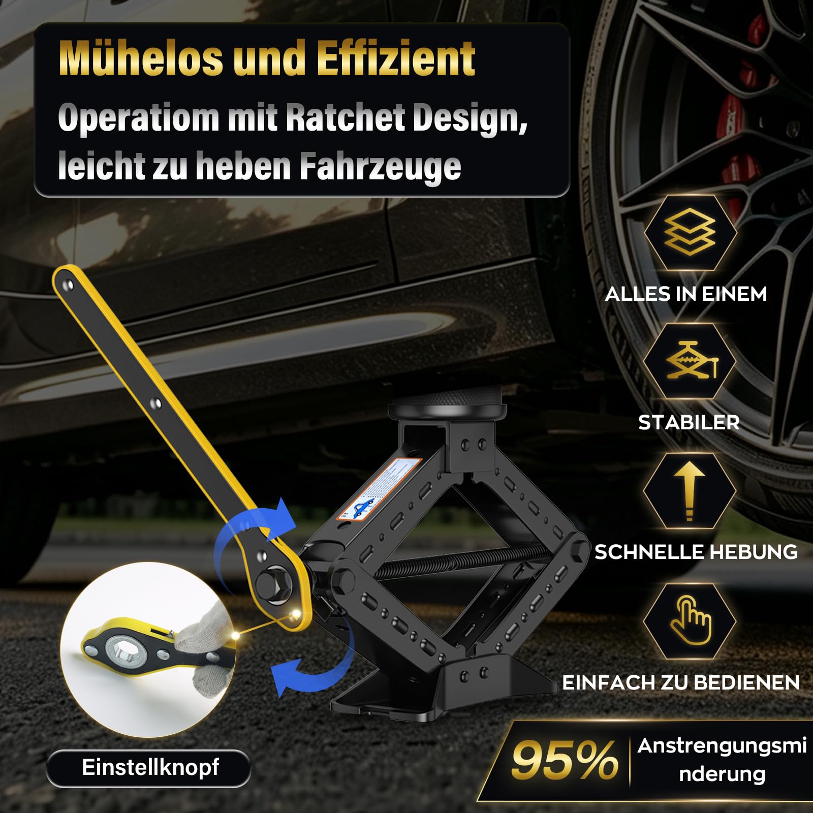 IMAYCC 3T Cric Per Portatile Auto con Universale Tampone In Gomma | Cric a Forbice Acciaio Laminato a Freddo Con Chiave Per Dadi Ruota,Kit Emergenza Auto Per Manutenzione Riparazione