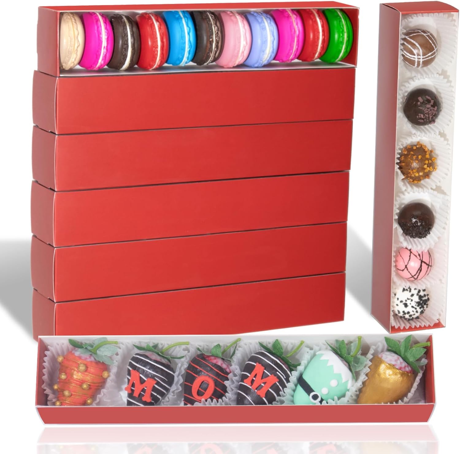 50Pack 12x2¼x2 Inch Chocolate Covered Strawberry Boxes for 6 Macaron boxes Chocolate Truffle Boxes Cookie boxes Bakery Boxes with Clear Window Washi Tape Boxes 50 Red